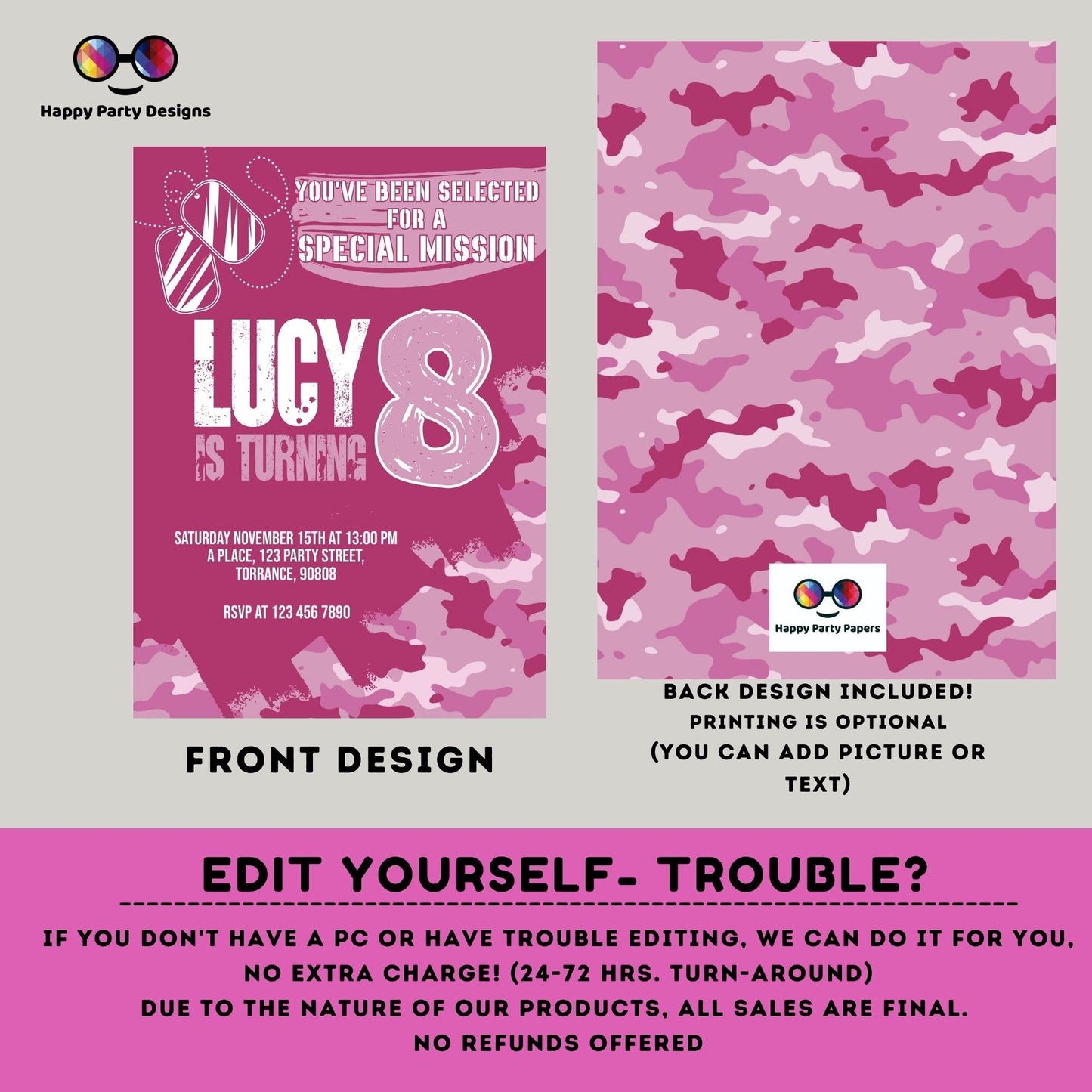 Kids Editable Army birthday invitation | Printable Birthday Army Party Invitations | Any Age | Birthday girl army party | ID Badges #K241