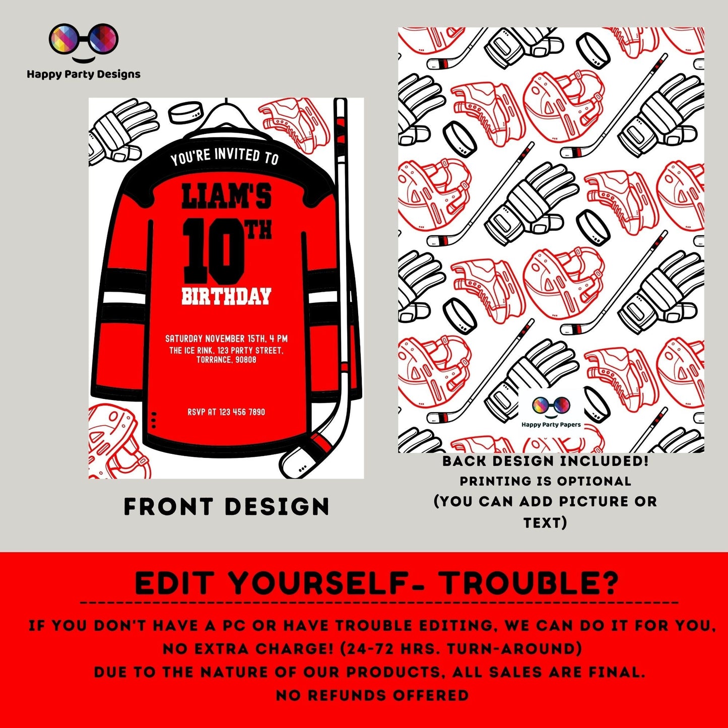 Hockey Birthday Invitation | Any age, change the color to the jersey, any color | Hockey Theme Birthday Party, Hockey Jersey and Stick #K243