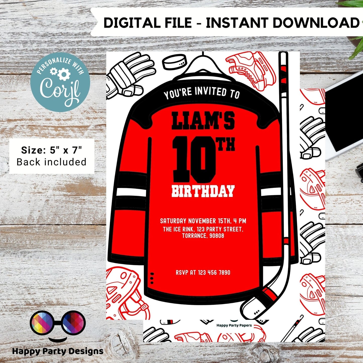 Hockey Birthday Invitation | Any age, change the color to the jersey, any color | Hockey Theme Birthday Party, Hockey Jersey and Stick #K243