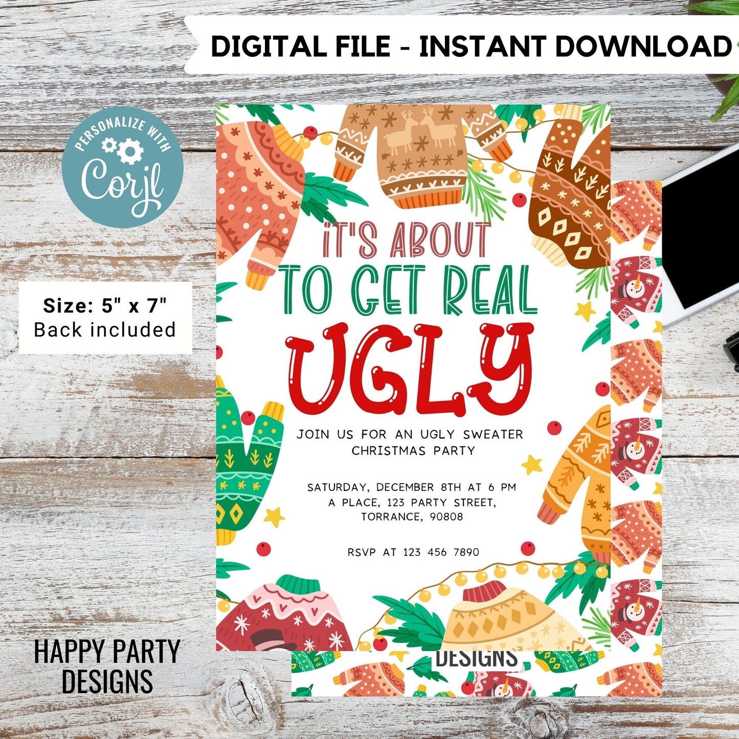 Editable Ugly Sweater Party Invitation | Christmas Party printable invite | Ugly sweater Invitation | Ugly Christmas Invitations #A26