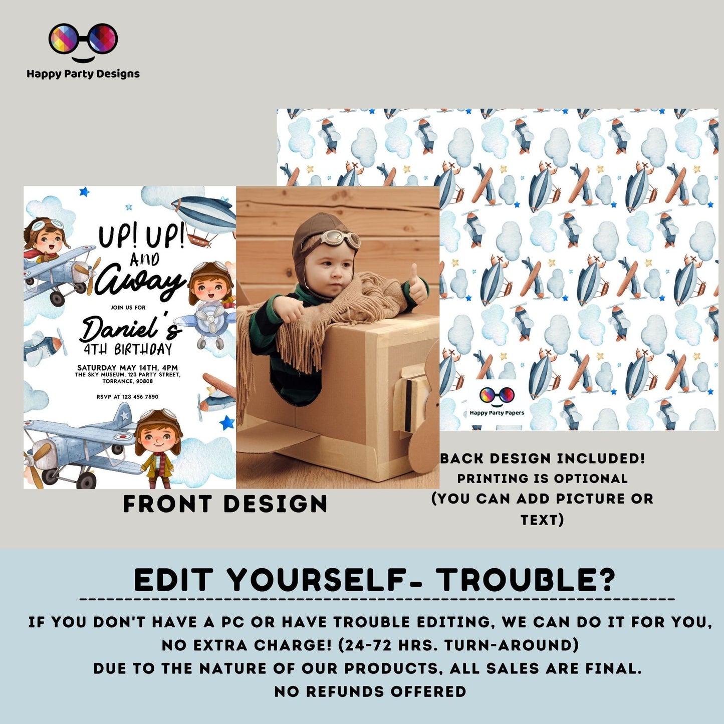 Editable Up Up and Away Invite with photo | Airplane Birthday Invitation | Airplane Party | Plane invitation | Boy Party | Airplane #K229