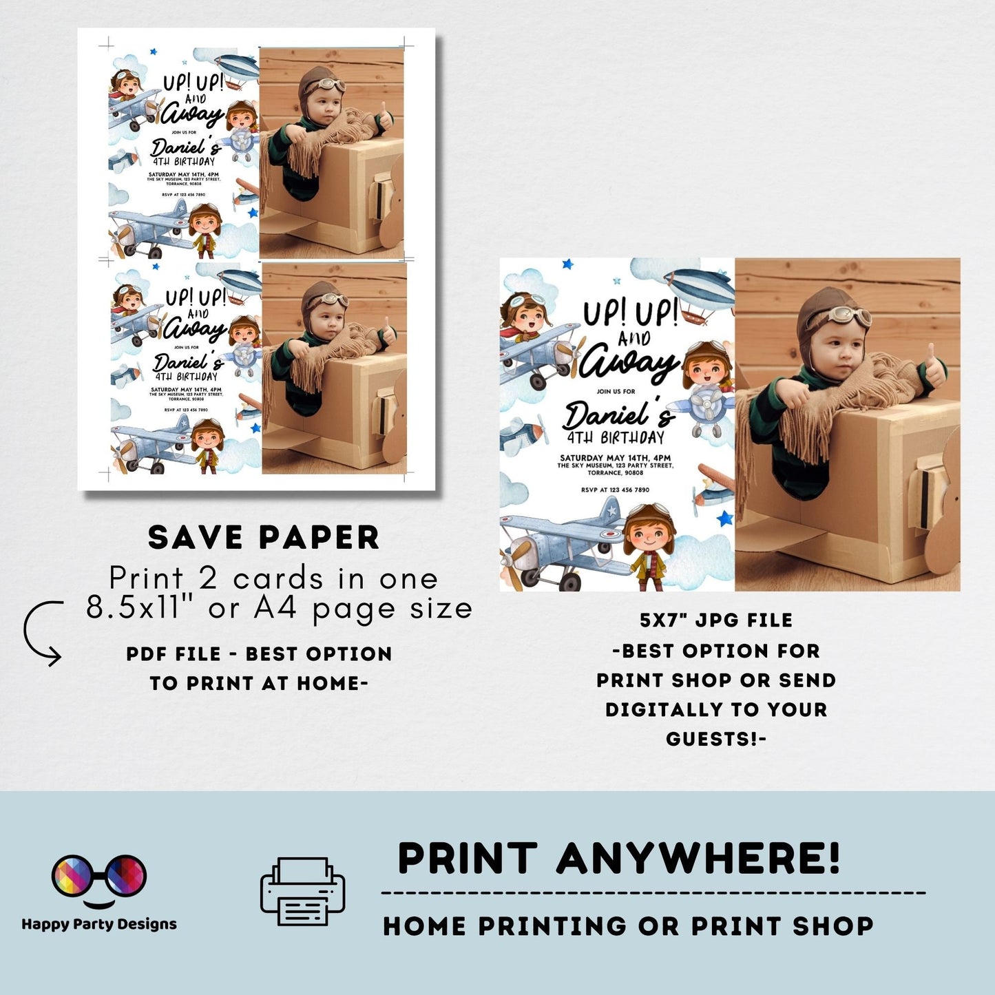 Editable Up Up and Away Invite with photo | Airplane Birthday Invitation | Airplane Party | Plane invitation | Boy Party | Airplane #K229