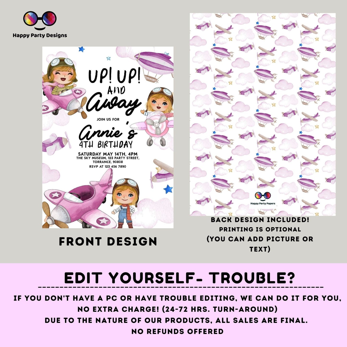 Editable Up Up and Away Invite | Airplane Birthday Invitation | Airplane Party | Plane invitation | girl Party Invitation | Airplane #K229