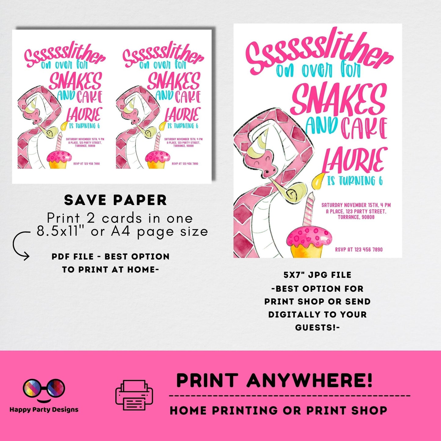 Editable Snakes and cake Invitation | Reptile Birthday Invitation Printable | Snake Invitation |girl Invitation | Reptile Party Invite #K249