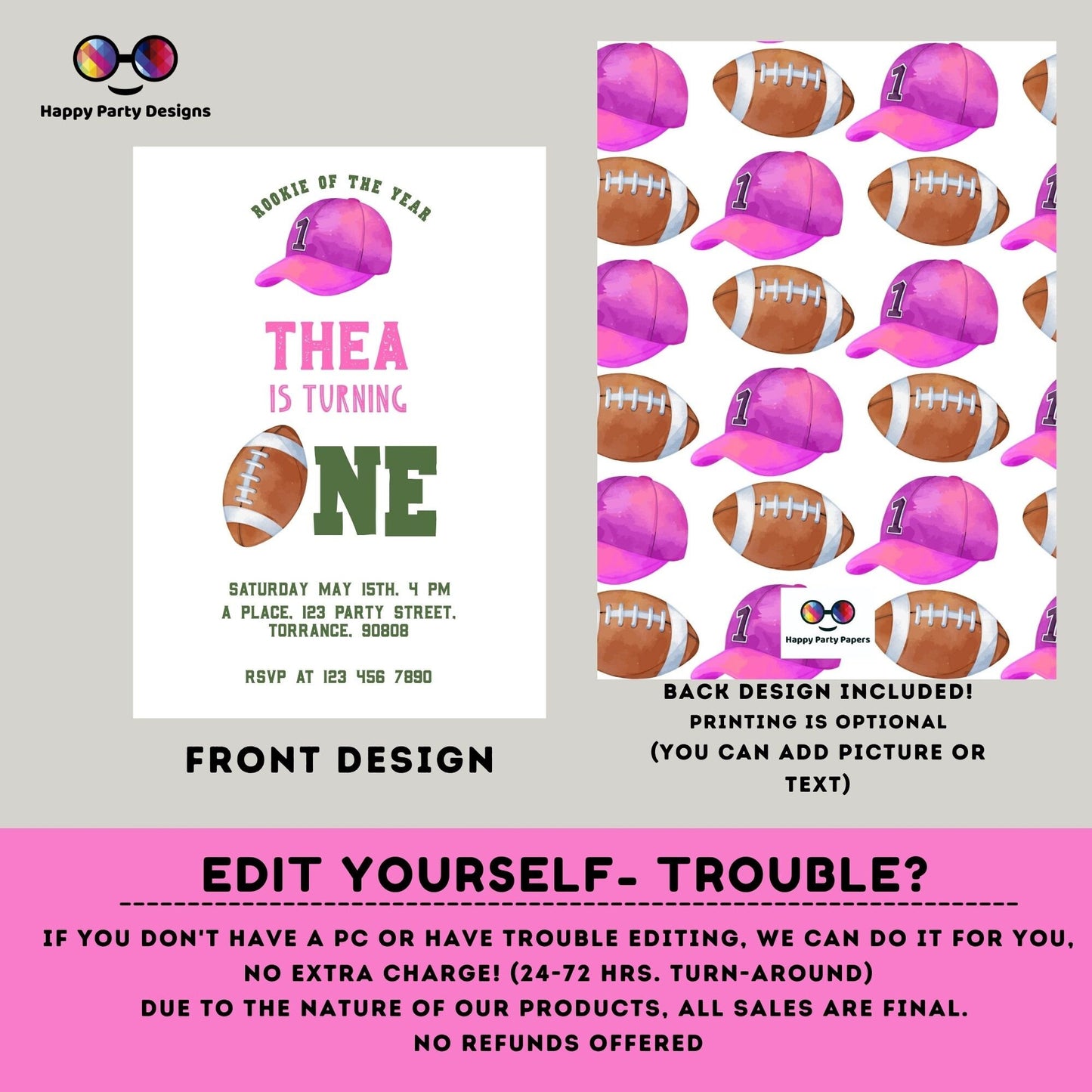 Minimalist Football Birthday Invitation Template for girl | Rookie of the year | Football Theme | Sports invite | Football party #K252