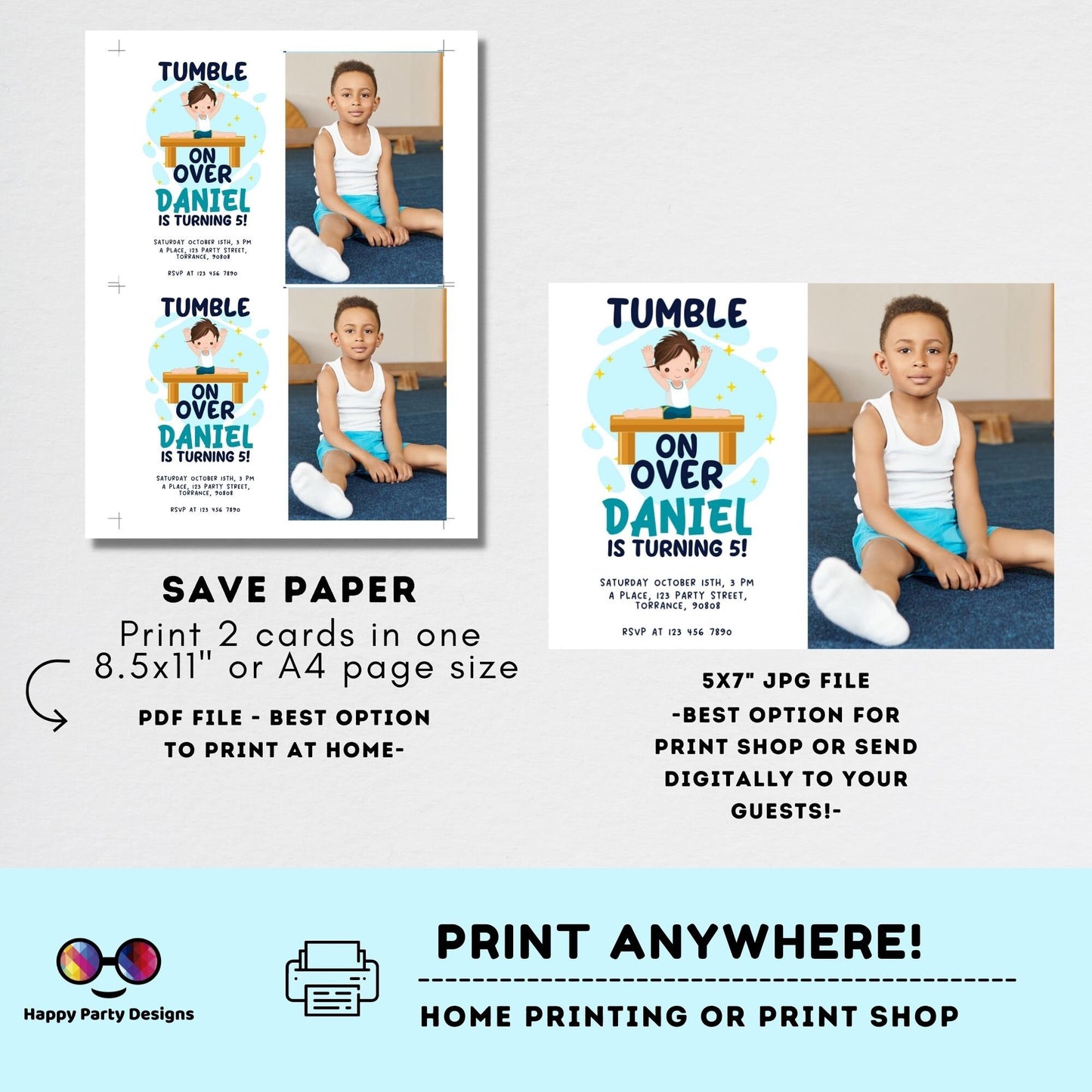 Editable Gymnastics Birthday Invitation with photo | Sports Invitation | Boy Tumbling Gymnasts Birthday | tumble on over Party Invite #K232