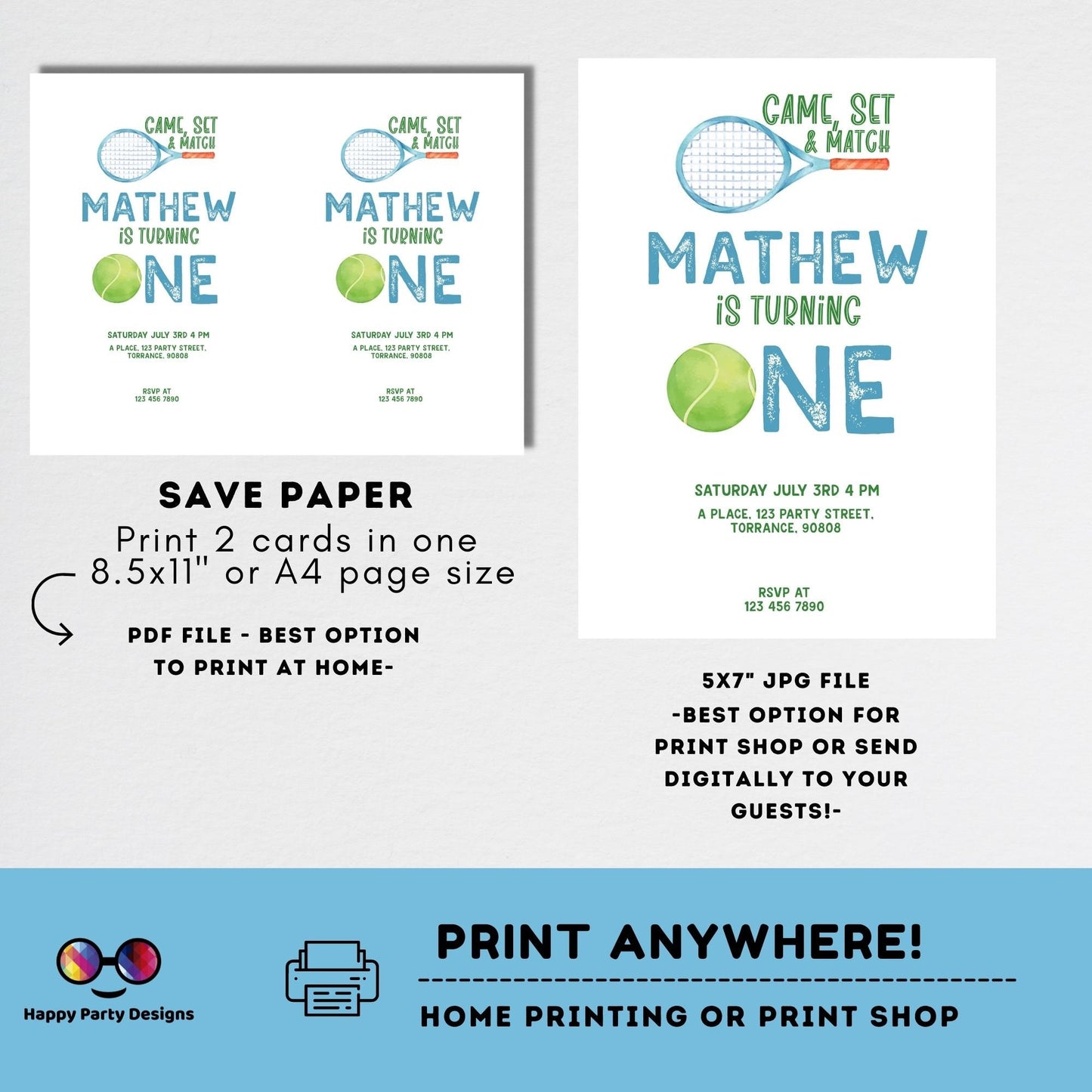 Tennis Birthday Invitation | Tennis Invitation | Tennis Birthday Party | Tennis Game Invitation | minimalist | First Birthday | Print #K256