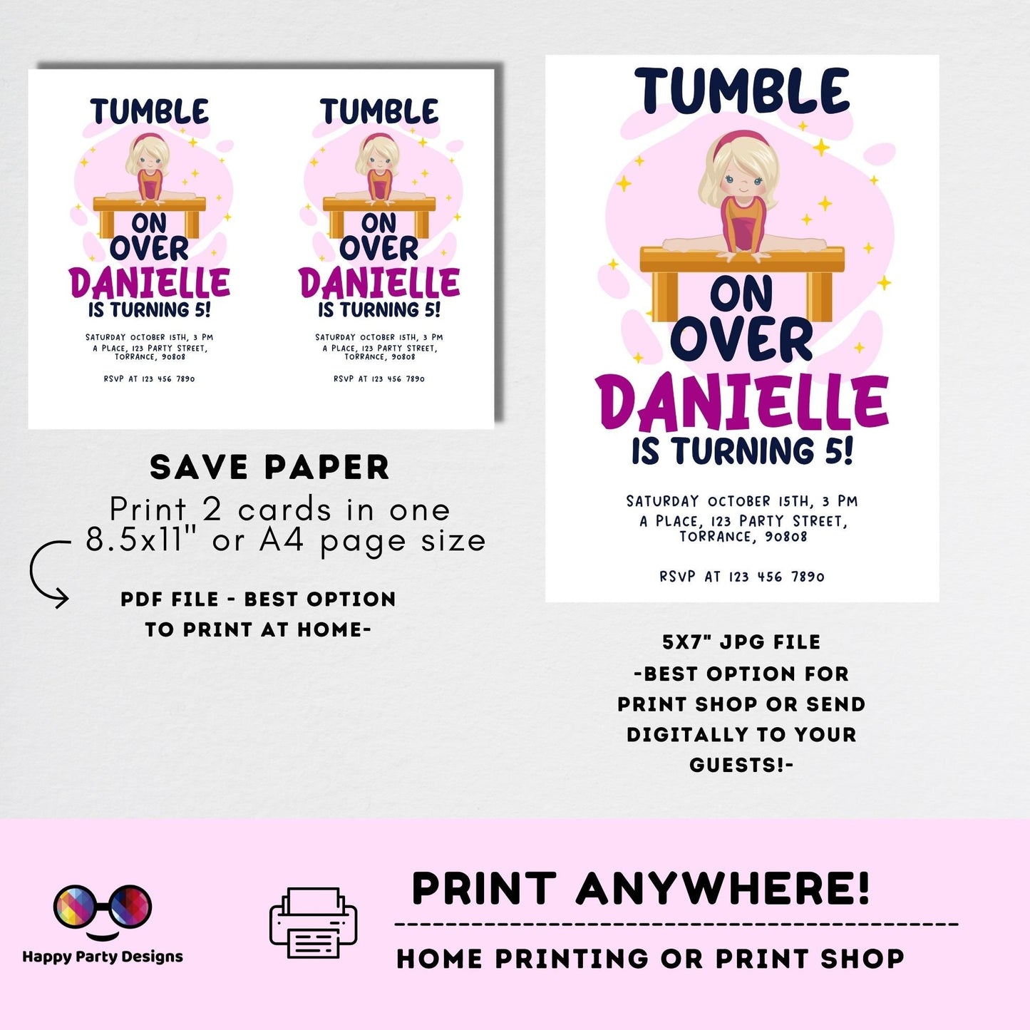 Editable Gymnastics Birthday Invitation | Sports Invitation | Girl Tumbling Gymnasts Birthday Invite | tumble on over Party Invite #K232