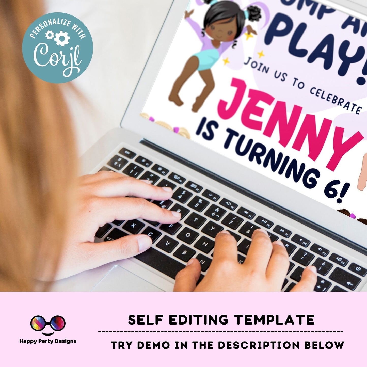 Flip, tumble, Jump and Play Editable Gymnastics Birthday Invitation | Girl Tumbling Gymnast Birthday Invite | tumble on over Party #K233