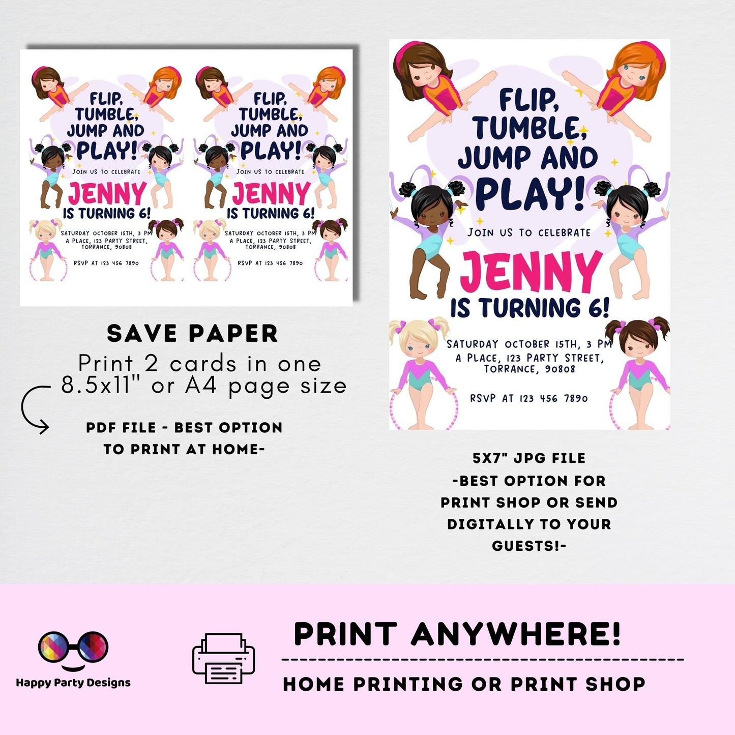 Flip, tumble, Jump and Play Editable Gymnastics Birthday Invitation | Girl Tumbling Gymnast Birthday Invite | tumble on over Party #K233