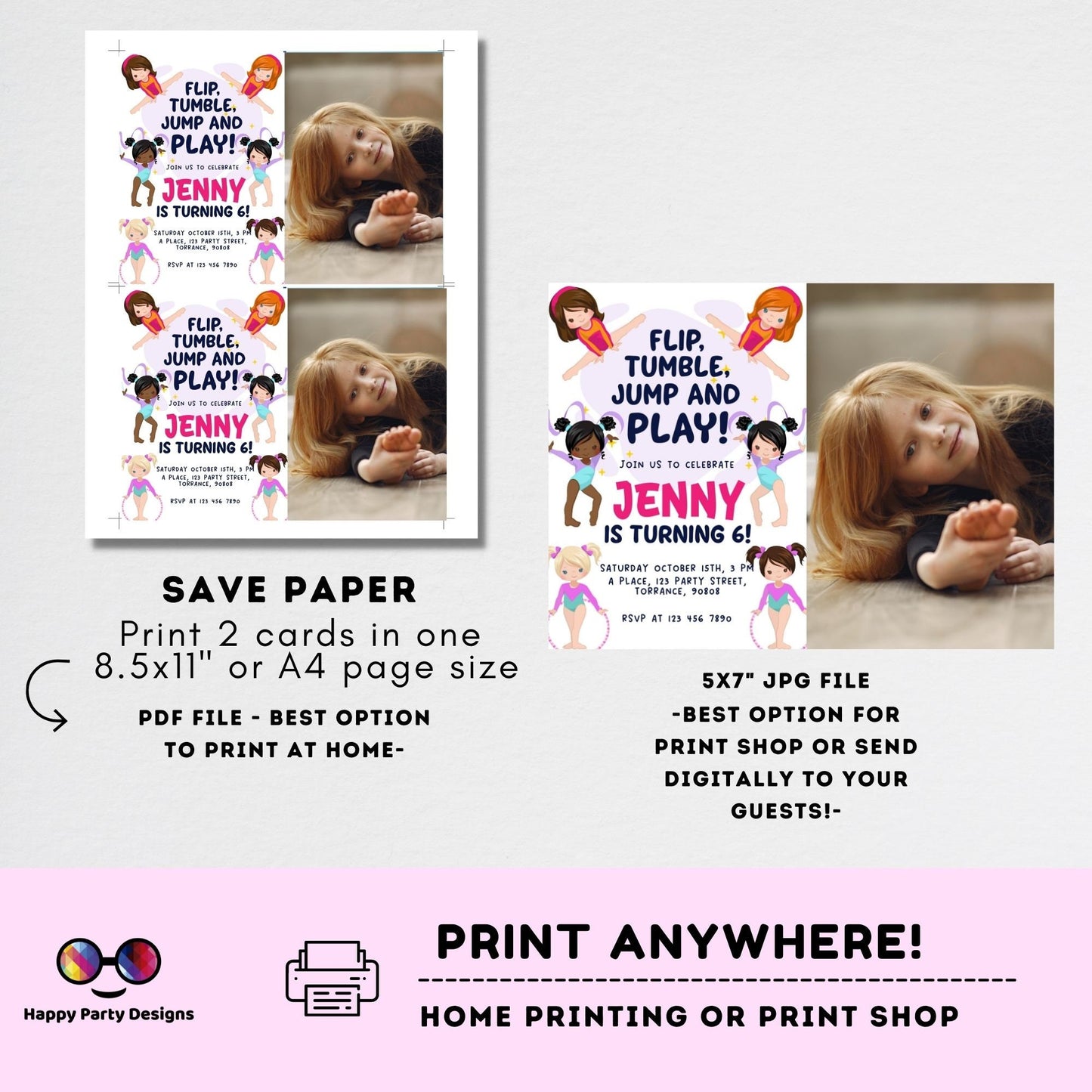 Flip, tumble, Jump and Play Editable Gymnastics Birthday Invitation with photo | Girl Tumbling Gymnast Birthday | tumble on over Party #K233