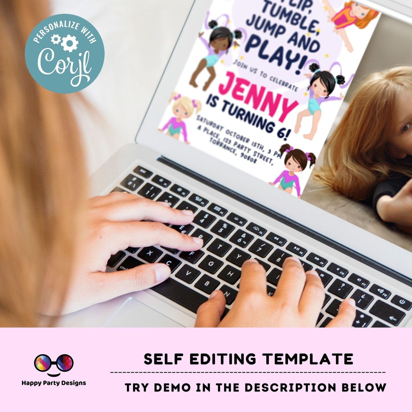 Flip, tumble, Jump and Play Editable Gymnastics Birthday Invitation with photo | Girl Tumbling Gymnast Birthday | tumble on over Party #K233