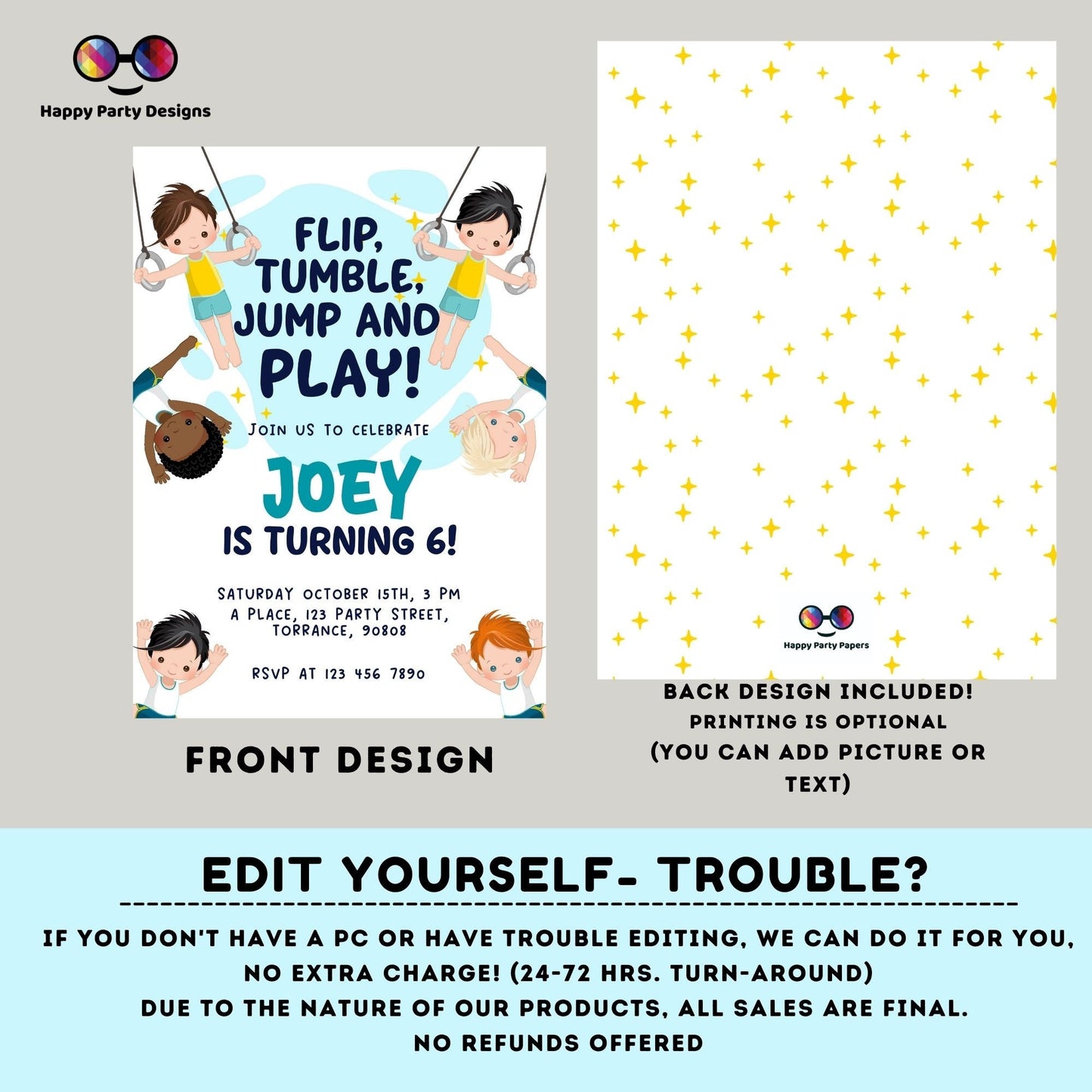 Flip, tumble, Jump and Play Editable Gymnastics Birthday Invitation | Boy Tumbling Gymnast Birthday Invite | tumble on over Party #K233