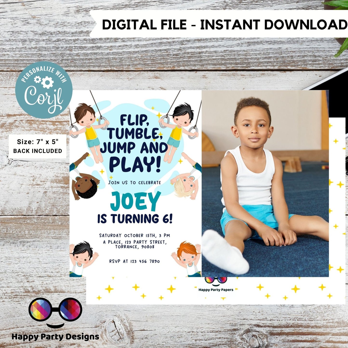 Flip, tumble, Jump and Play Editable Gymnastics Birthday Invitation with photo | Boy Tumbling Gymnast Birthday Invite | tumble on over #K233