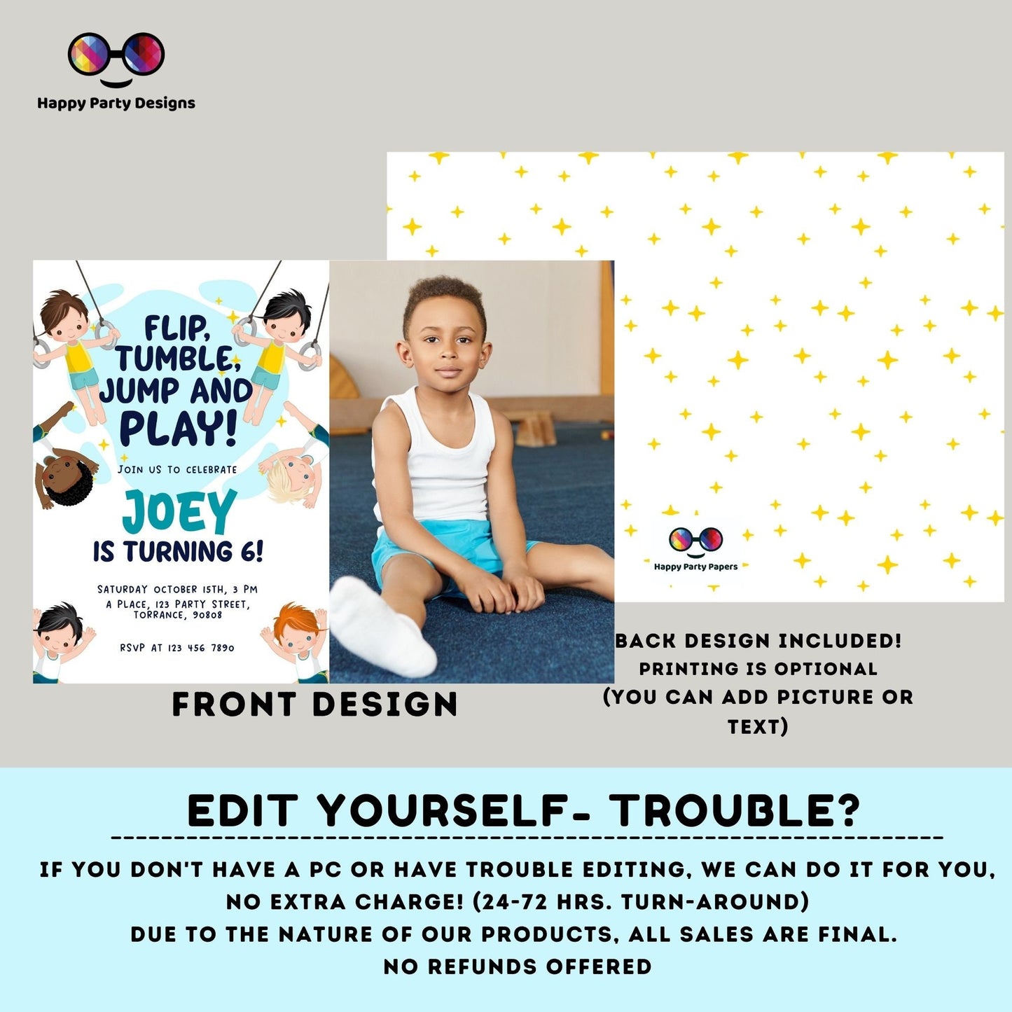 Flip, tumble, Jump and Play Editable Gymnastics Birthday Invitation with photo | Boy Tumbling Gymnast Birthday Invite | tumble on over #K233