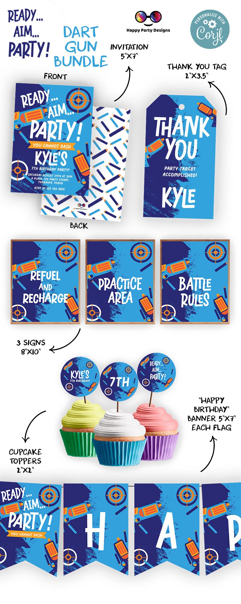 Dart Gun Invitation bundle |Dart Gun Blue Invite | Gun Blasters Battle Party Invitation | Dart Gun Invitation birthday Boy #K172