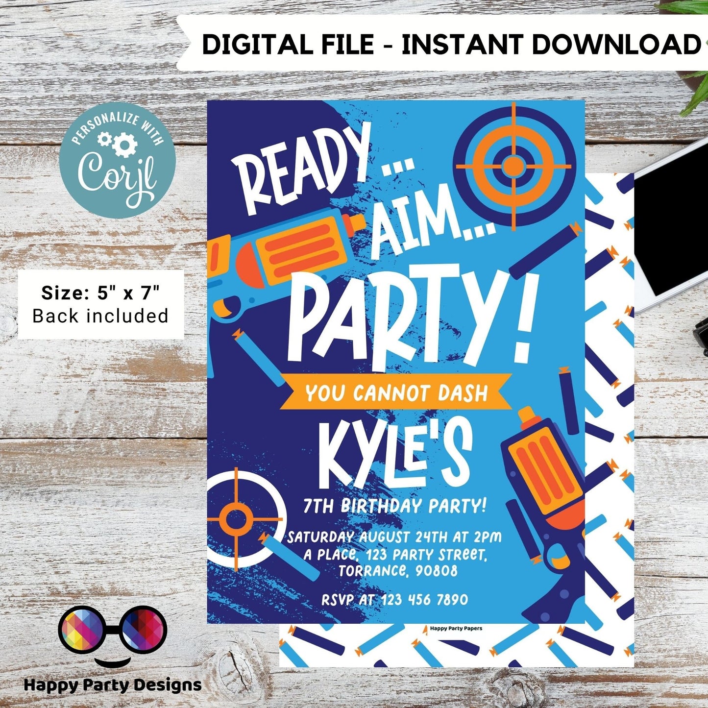 Dart Gun Invitation bundle |Dart Gun Blue Invite | Gun Blasters Battle Party Invitation | Dart Gun Invitation birthday Boy #K172