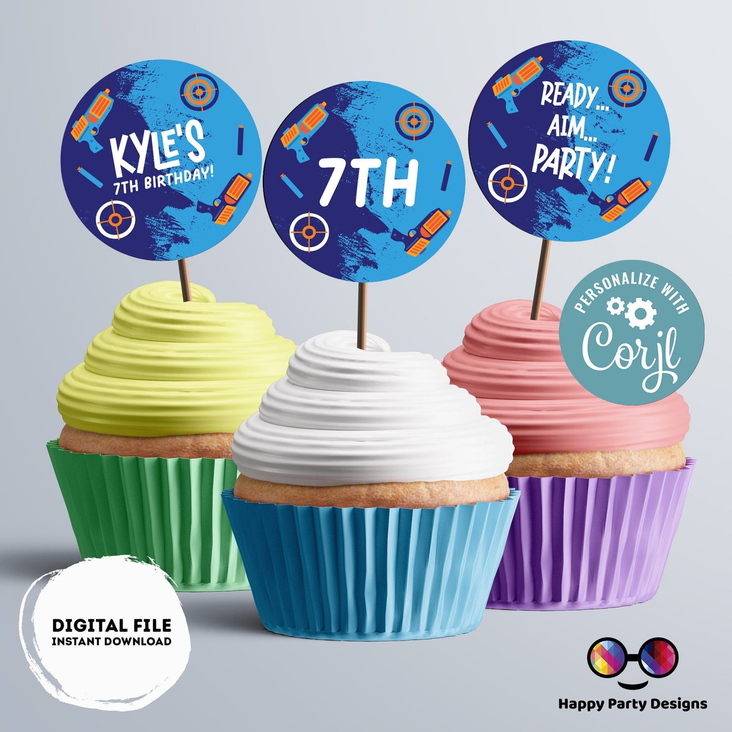 Editable Dart Gun Round Cupcake toppers | Gun Blaster Battle birthday Girl | Dart gun Birthday Party | Boy Birthday Party | Stickers #K172