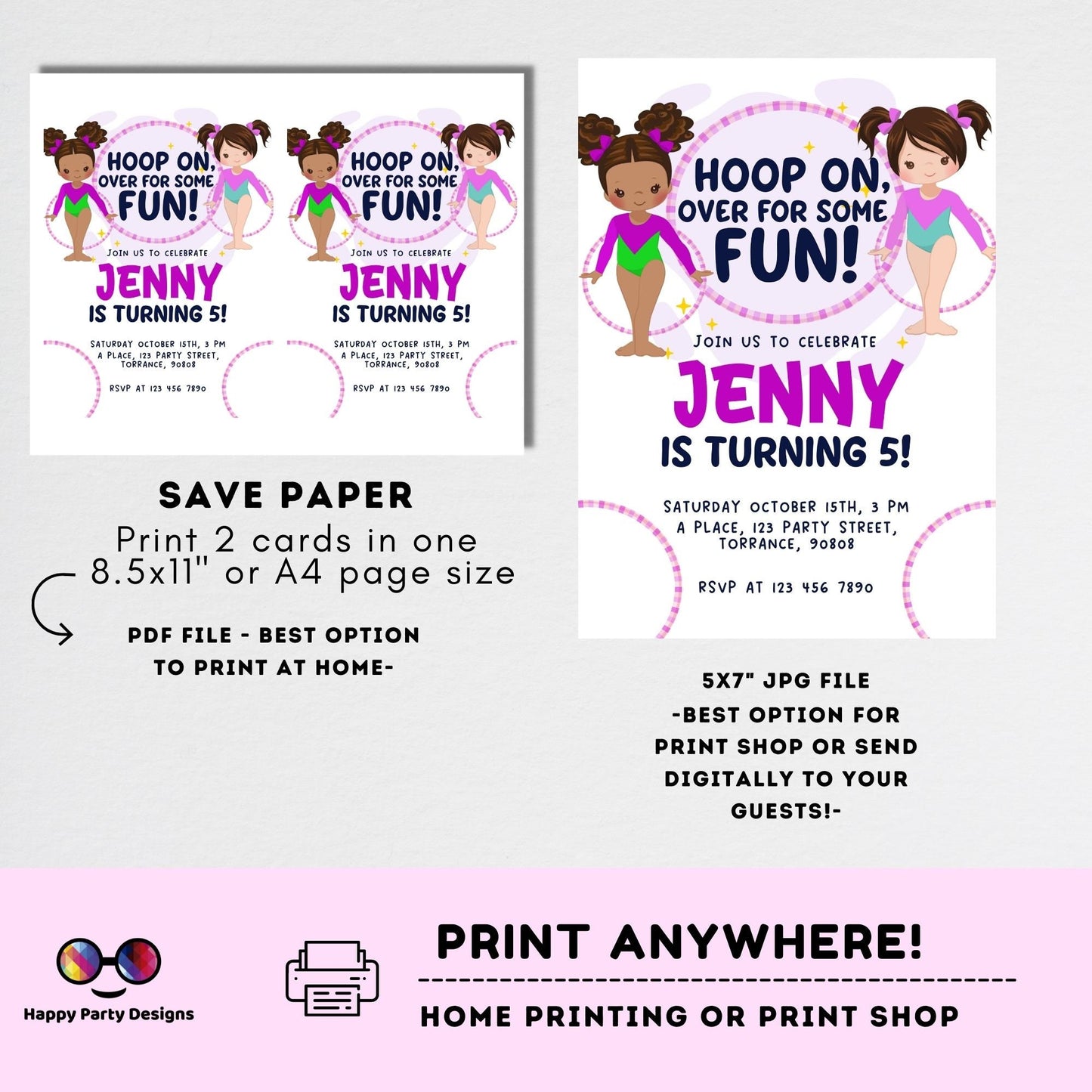 Hoop on over for some fun Editable Gymnastics Birthday Invitation | Girl Hula hoop Gymnast Birthday Invite | gymnastics Party #K234