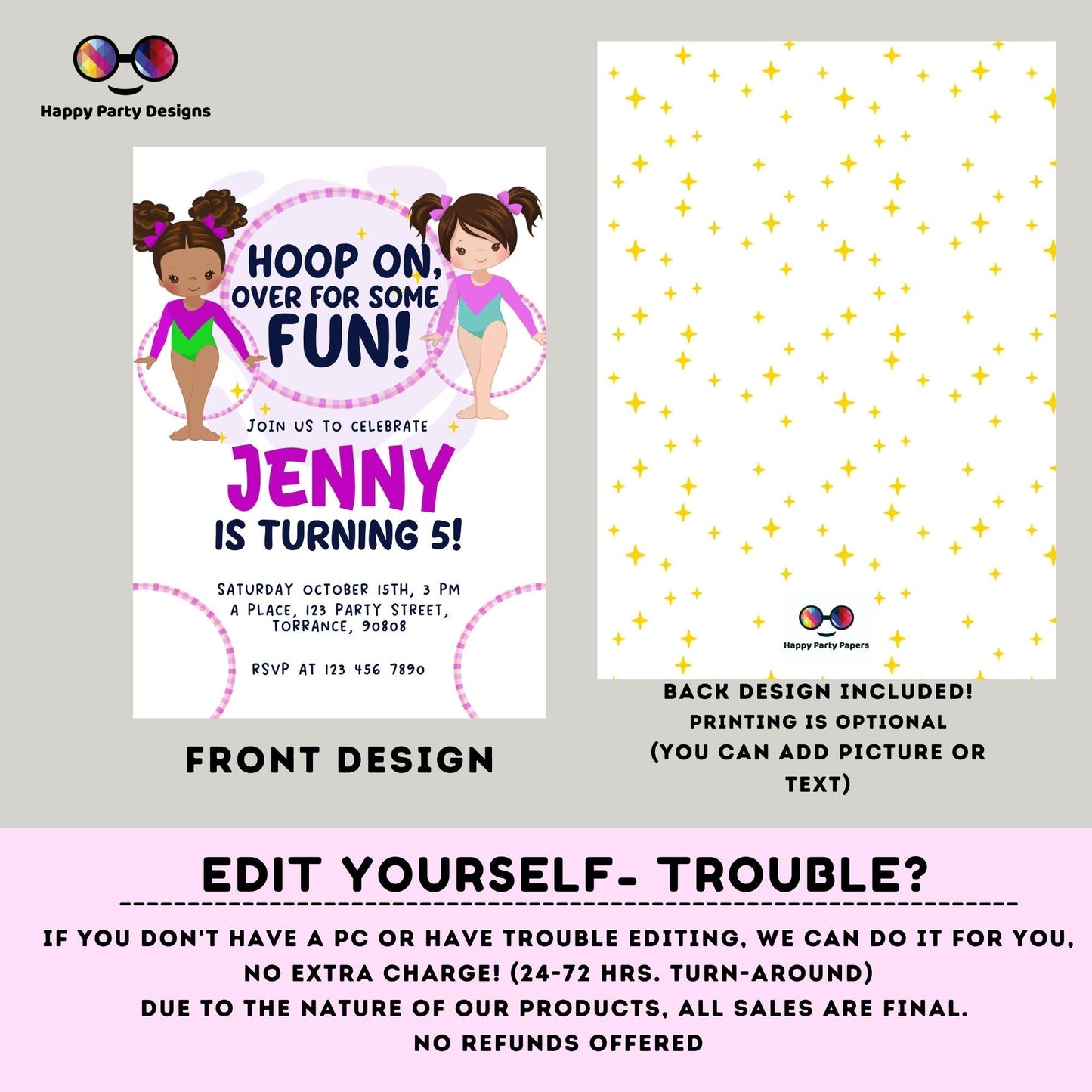 Hoop on over for some fun Editable Gymnastics Birthday Invitation | Girl Hula hoop Gymnast Birthday Invite | gymnastics Party #K234