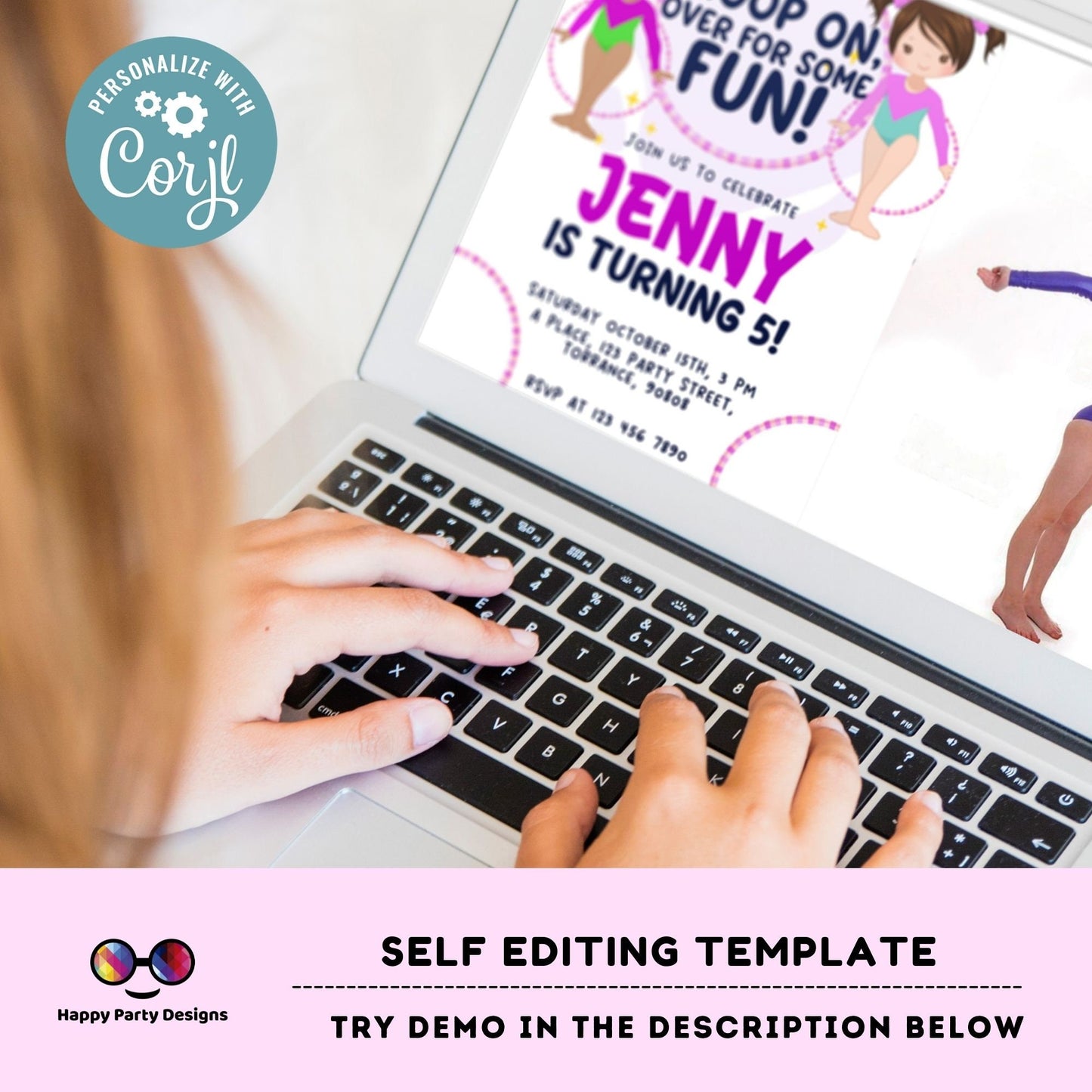 Hoop on over for some fun Editable Gymnastics Birthday Invitation with photo | Girl Hula hoop Gymnast Birthday | gymnastics Party #K234