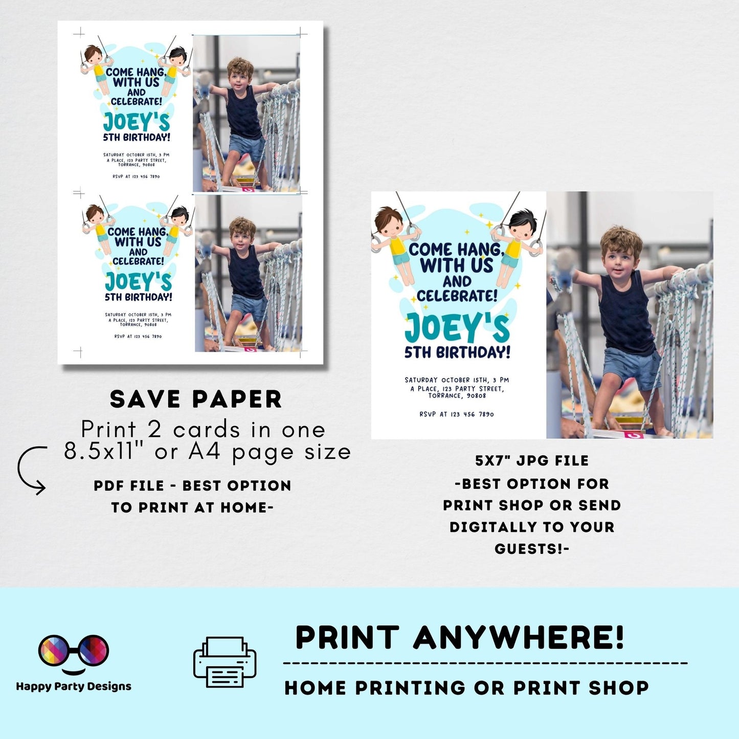 Editable Rings Gymnastics Birthday Invitation | Gymnastic rings Invitation | Boy Gymnasts Birthday Invite | Artistic gymnastics #K235