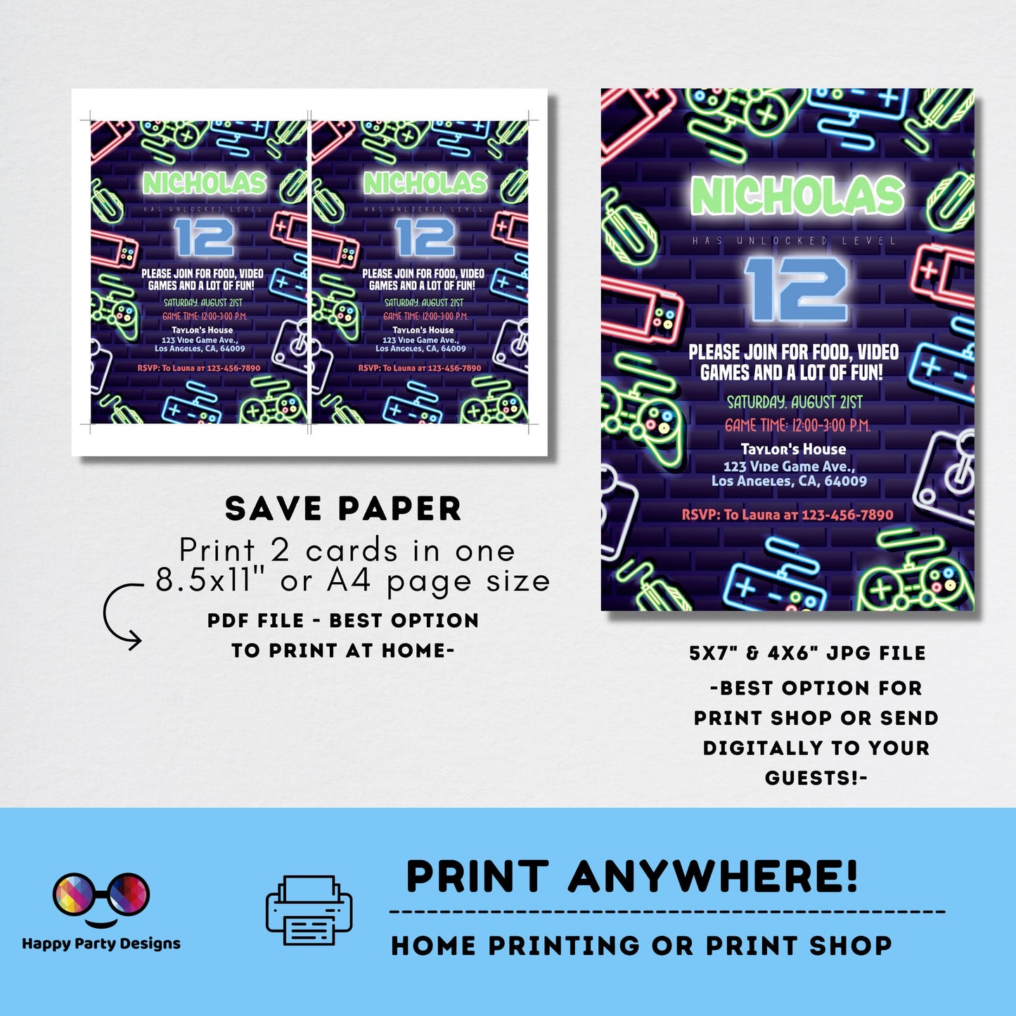 Editable videogame invitation | Digital neon video gamer printable invite | Birthday boy | neon Invitation | Personalize Online #K50