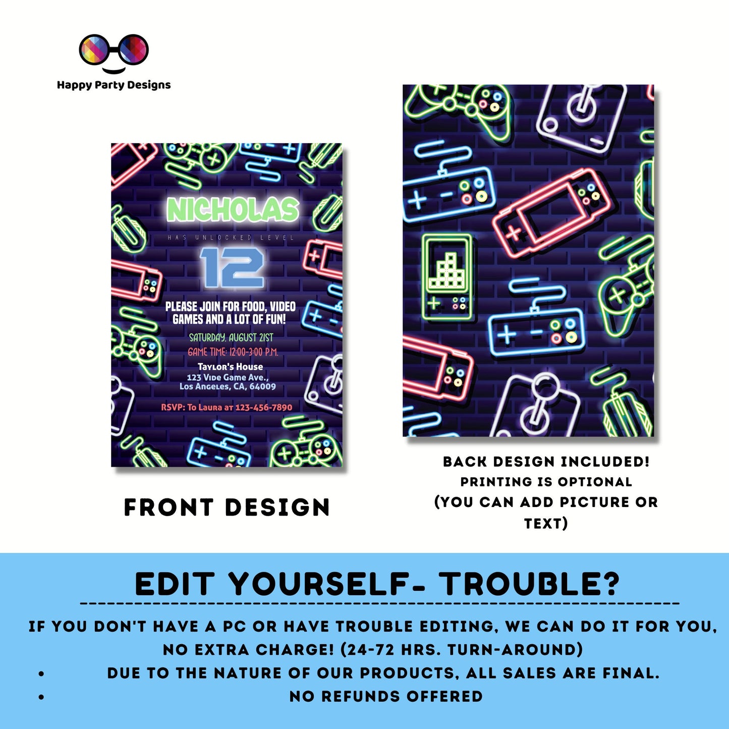 Editable videogame invitation | Digital neon video gamer printable invite | Birthday boy | neon Invitation | Personalize Online #K50