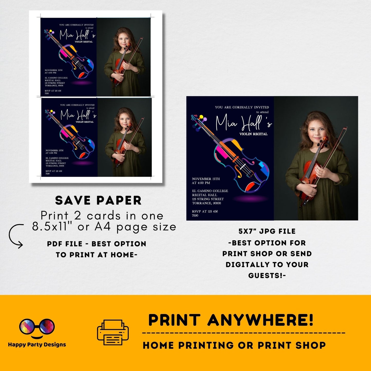 EDITABLE Violin Recital Invitation Template with photo | Orchestra Concert | Instant Download | Digital | Personalize Online | musical #K236