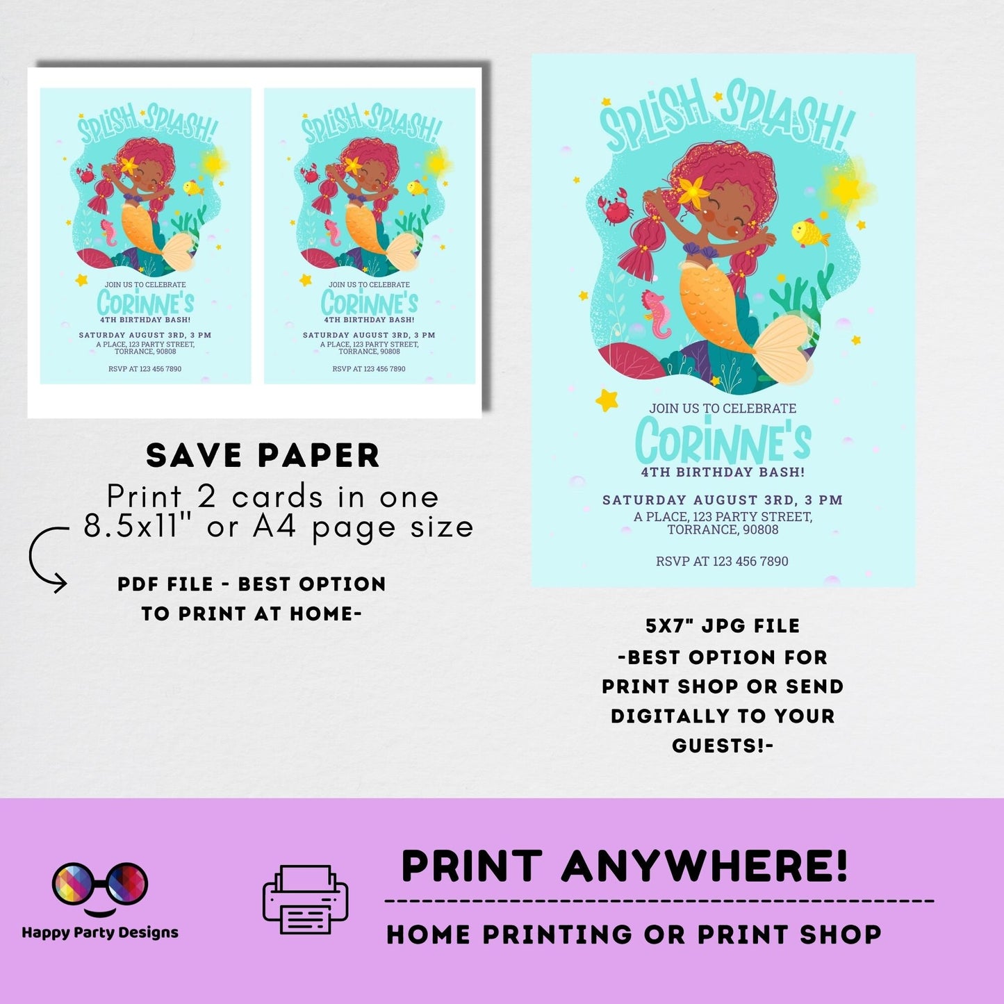 Editable Mermaid Invitation | African American mermaid party | Mermaid Birthday | Mermaid Digital File | INSTANT download #K237