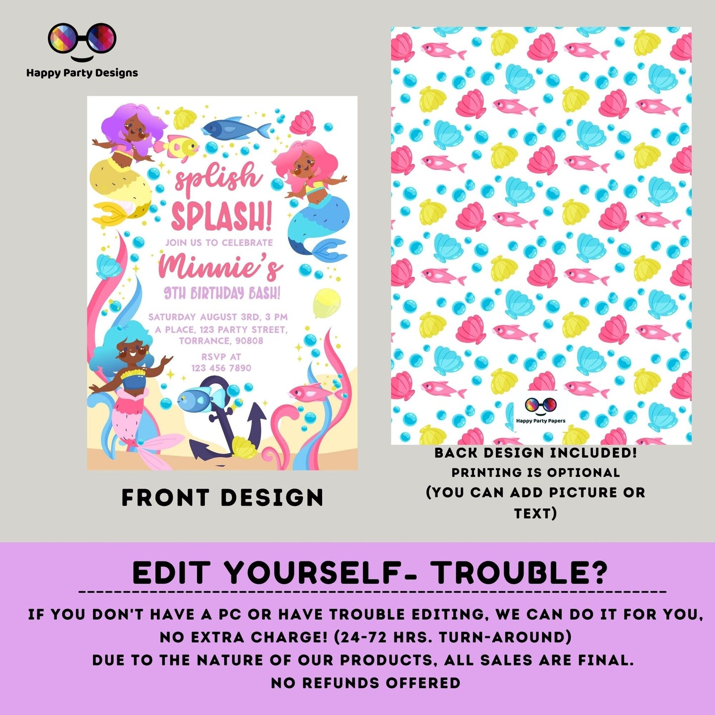 Editable Mermaid Invitation | African American mermaid party | Mermaid Birthday | Mermaid Digital File | INSTANT download #K238