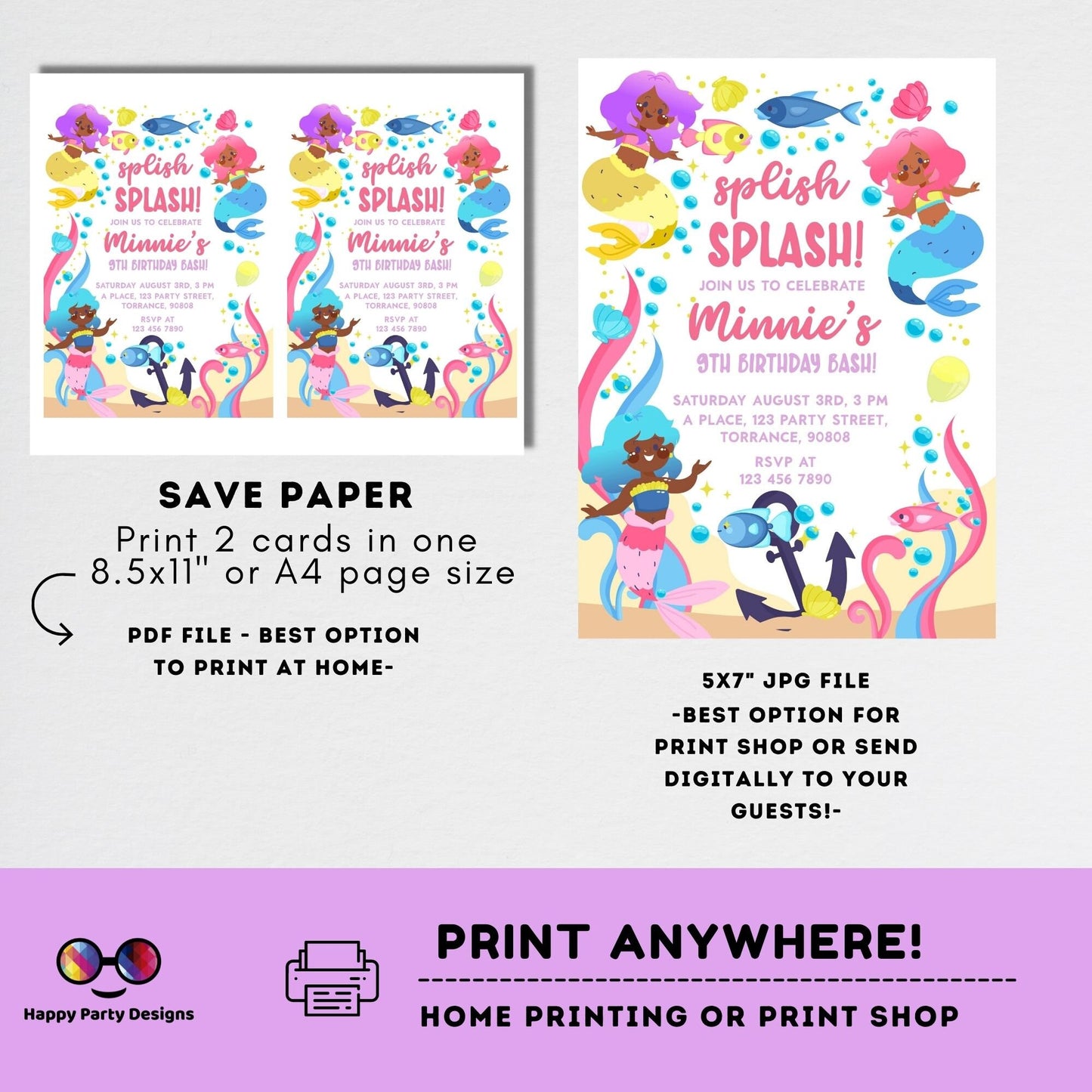 Editable Mermaid Invitation | African American mermaid party | Mermaid Birthday | Mermaid Digital File | INSTANT download #K238