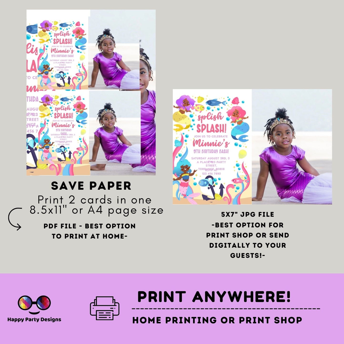 Editable Mermaid Invitation with photo | African American mermaid party | Mermaid Birthday | Mermaid Digital File | INSTANT download #K238