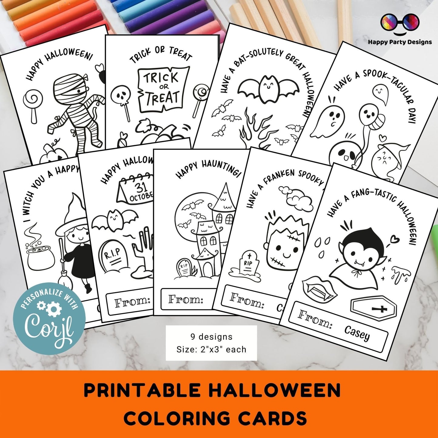 Halloween Printable Coloring Cards EDITABLE Set of 9 | for Kids | Halloween Coloring Activity | Trick or Treat activity | Halloween Treats