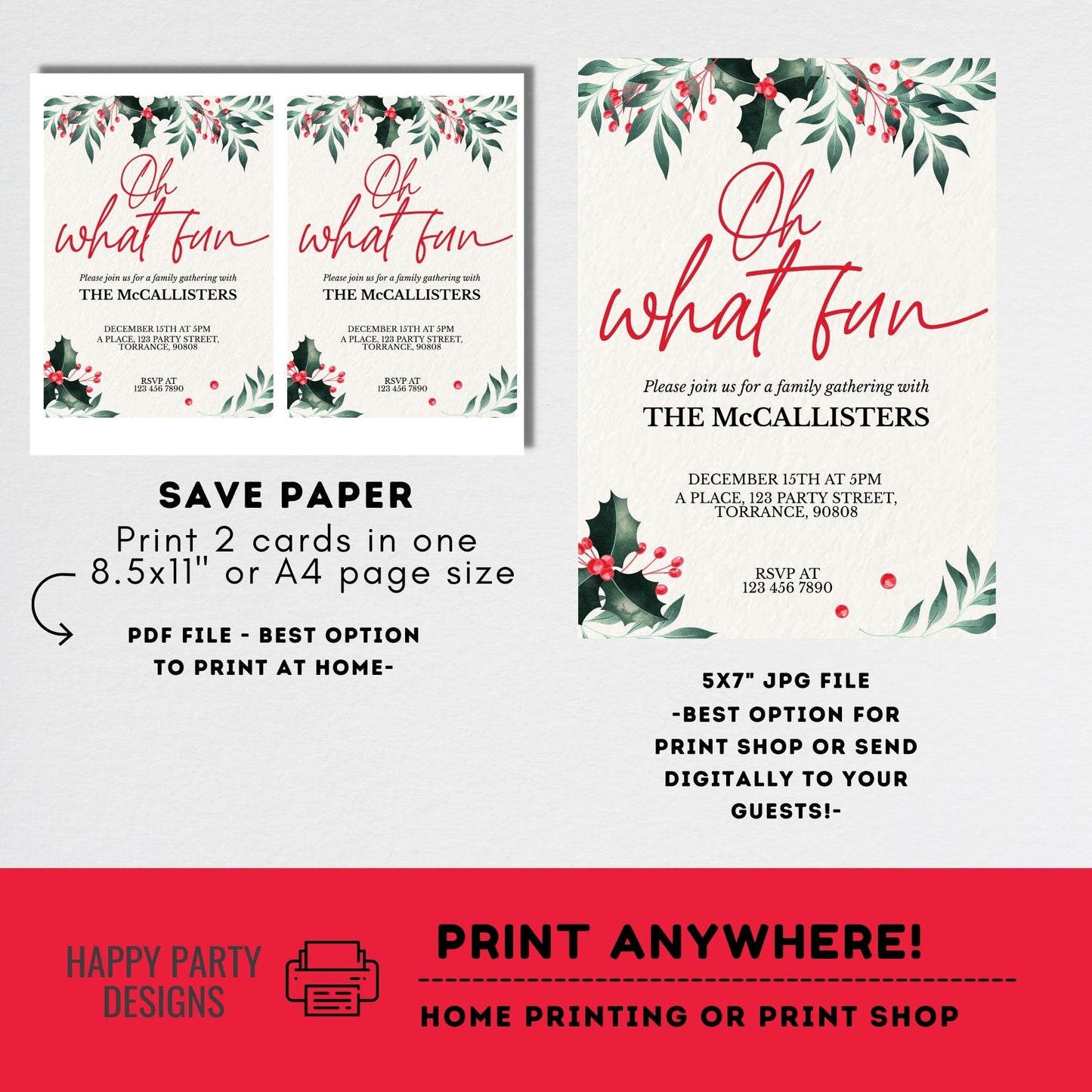 Editable Oh what fun Party Invitation | Christmas family Party printable invite | Christmas Party Invitation | Christmas Dinner invite #A34