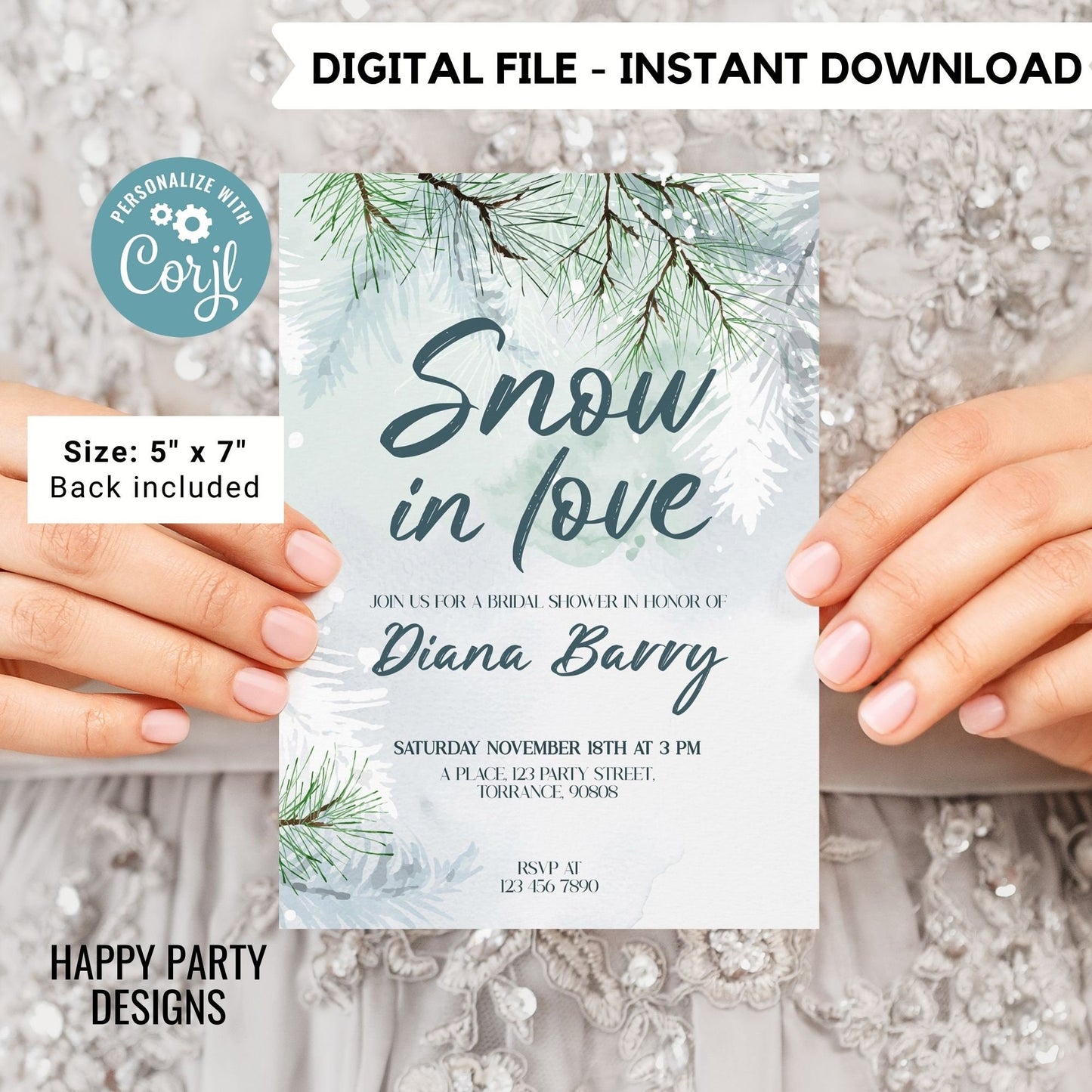 Editable Snow in love Themed Bridal Shower Invitation | Winter Bridal Shower Invitation | Winter Bride Instant | Winter Evergreen #W18