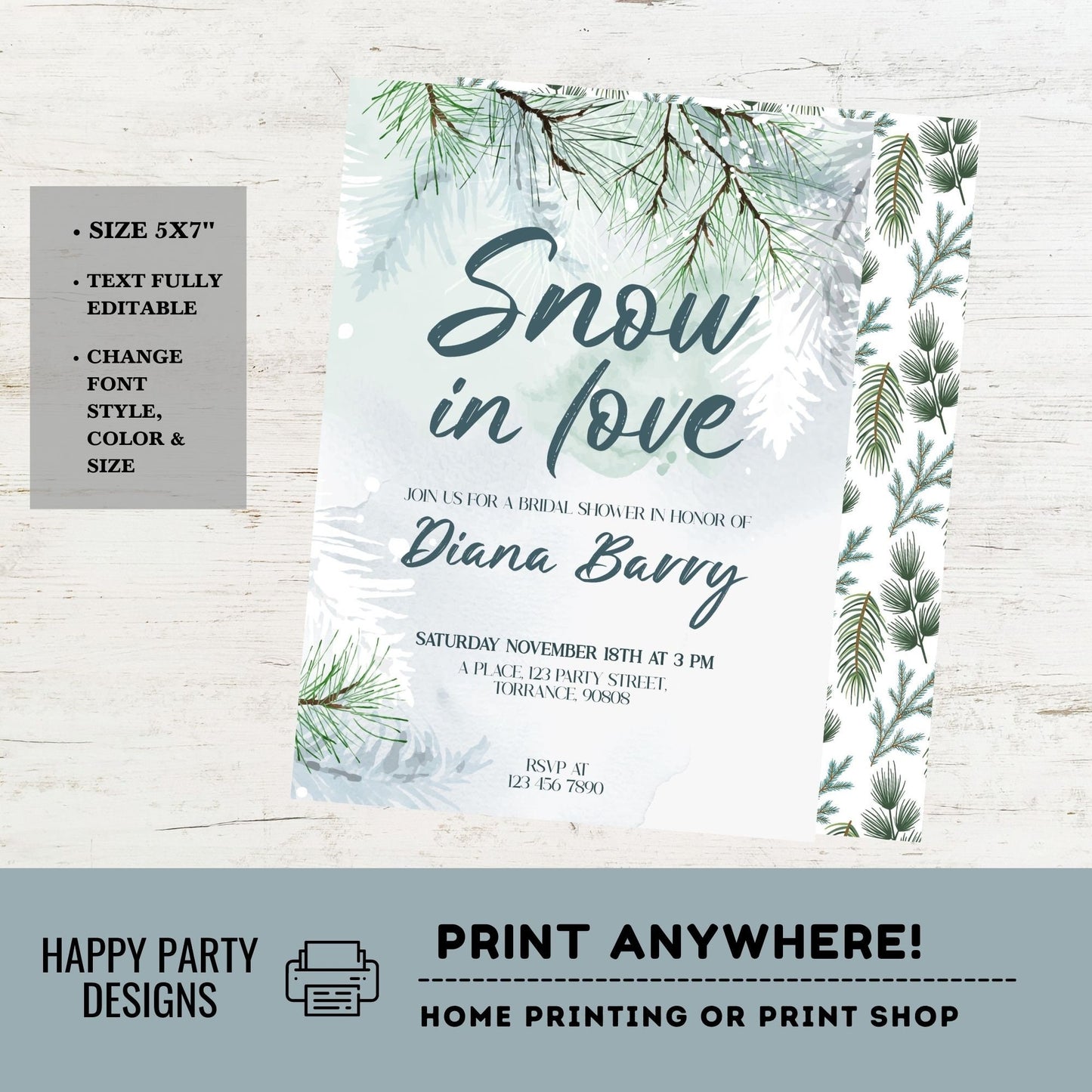 Editable Snow in love Themed Bridal Shower Invitation | Winter Bridal Shower Invitation | Winter Bride Instant | Winter Evergreen #W18
