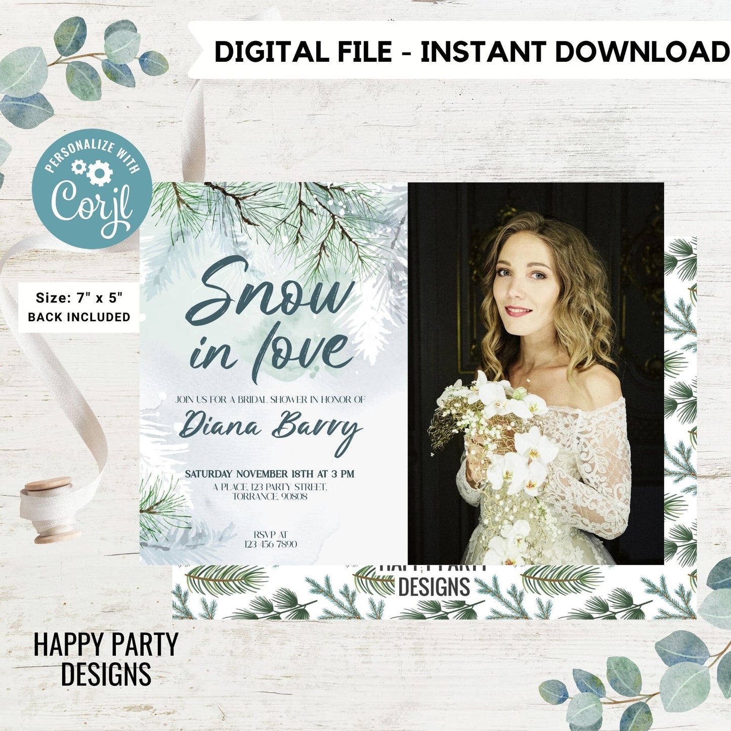 Editable Snow in love Themed Bridal Shower Invitation with photo | Winter Bridal Shower Invitation | Winter Bride Instant | Winter #W18