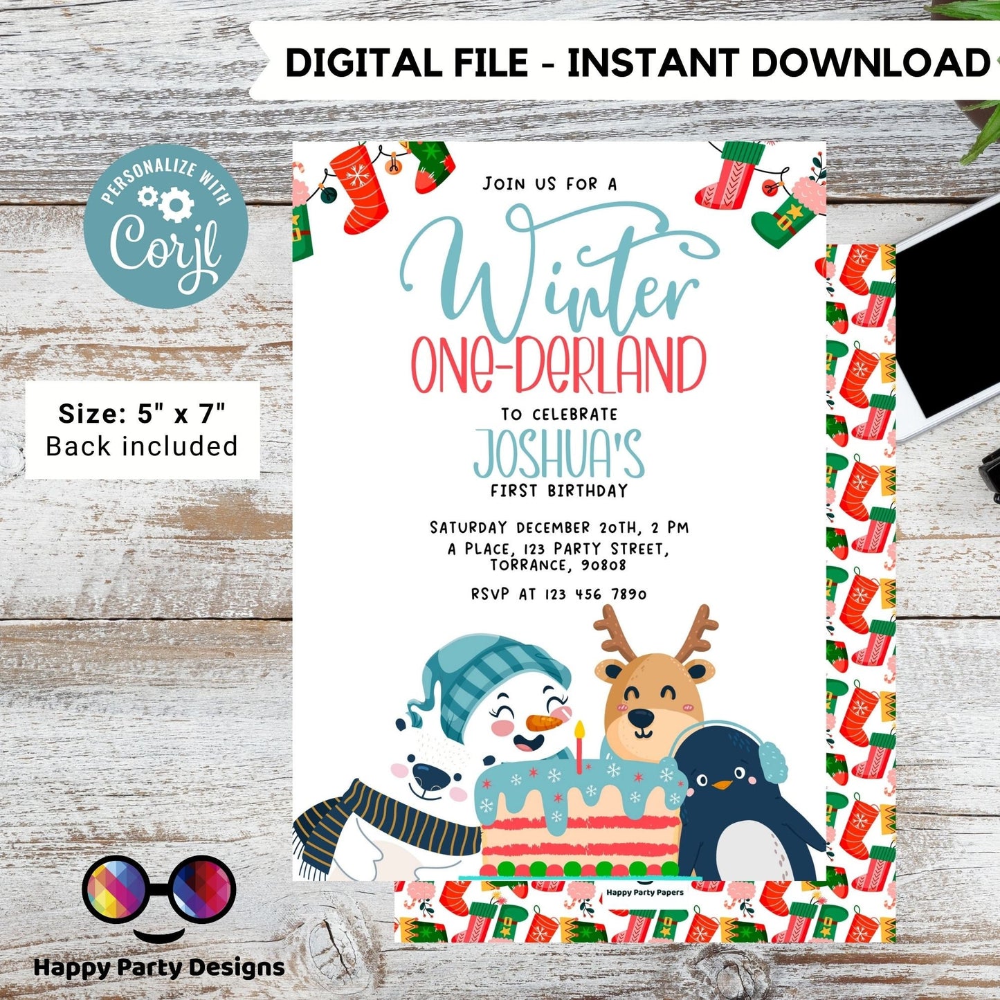Editable Winter One-derland invitation | Digital winter birthday printable invite | Birthday boy | winter animals Invitation #K239