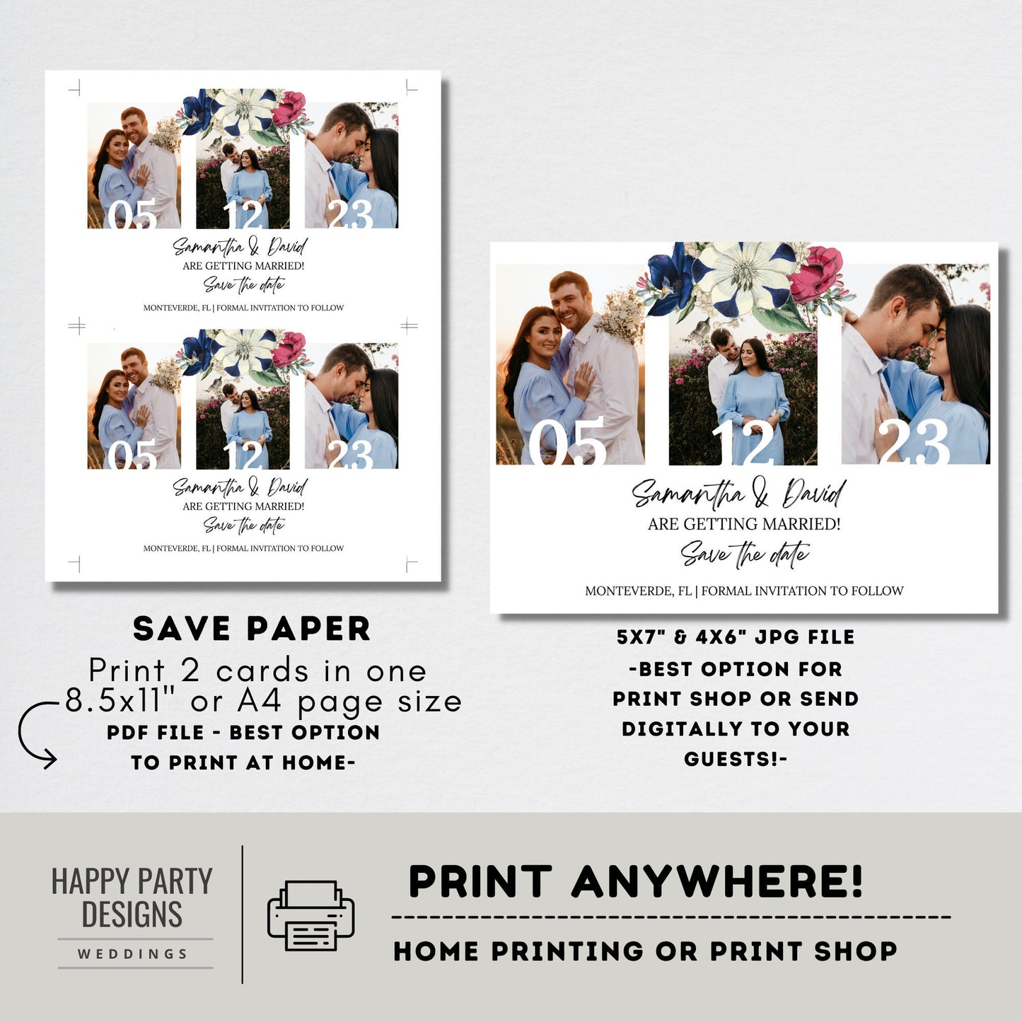 Printable Save The Date Template | Editable electronic Royal Blue Floral save the date | Romantic wedding | Burgundy floral Wedding #W19