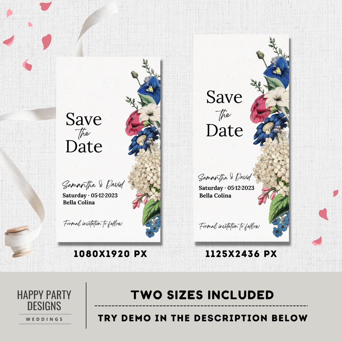 Electronic Save The Date Template | Editable electronic Royal Blue Floral save the date | Romantic wedding | Burgundy floral Wedding #W19