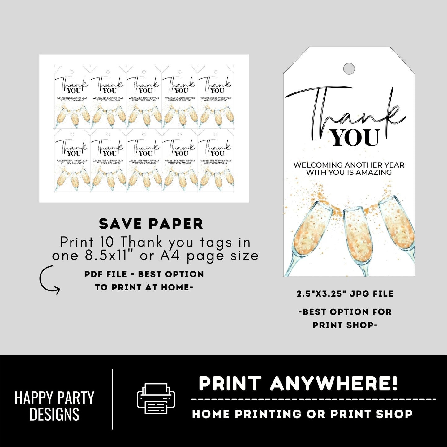 Editable sparkling wine Party thank you tag | New year's eve printable thank you tag | Holiday gift tag | thank you tag Favor #A39