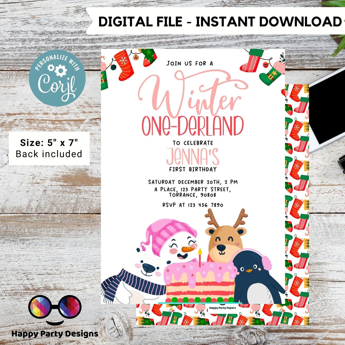 Editable Winter One-derland invitation | Digital winter birthday printable invite | Birthday girl | winter animals Invitation #K239
