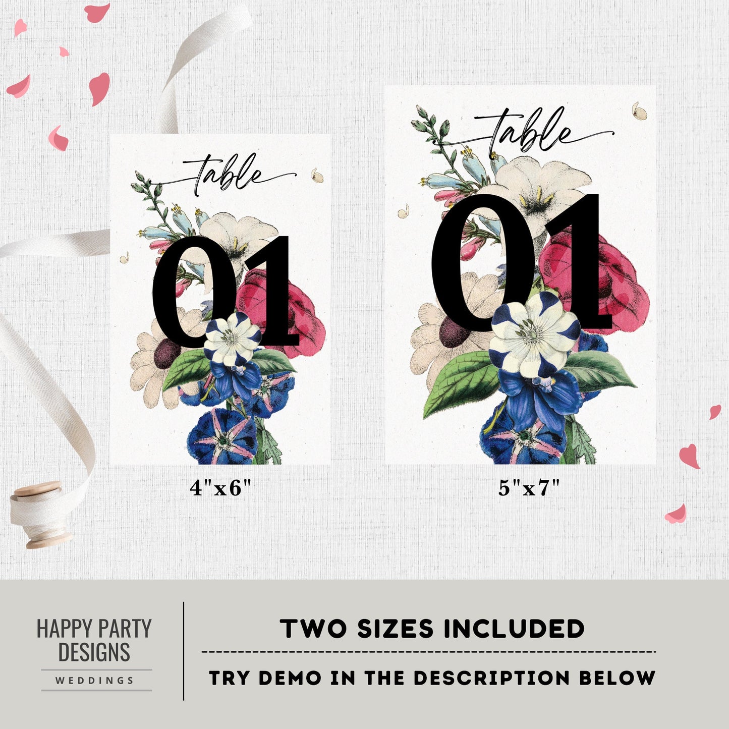 Editable Wedding Table Number Template | Royal blue, blush, green flowers | wedding Decorations | Table Number Sign Printable #W19