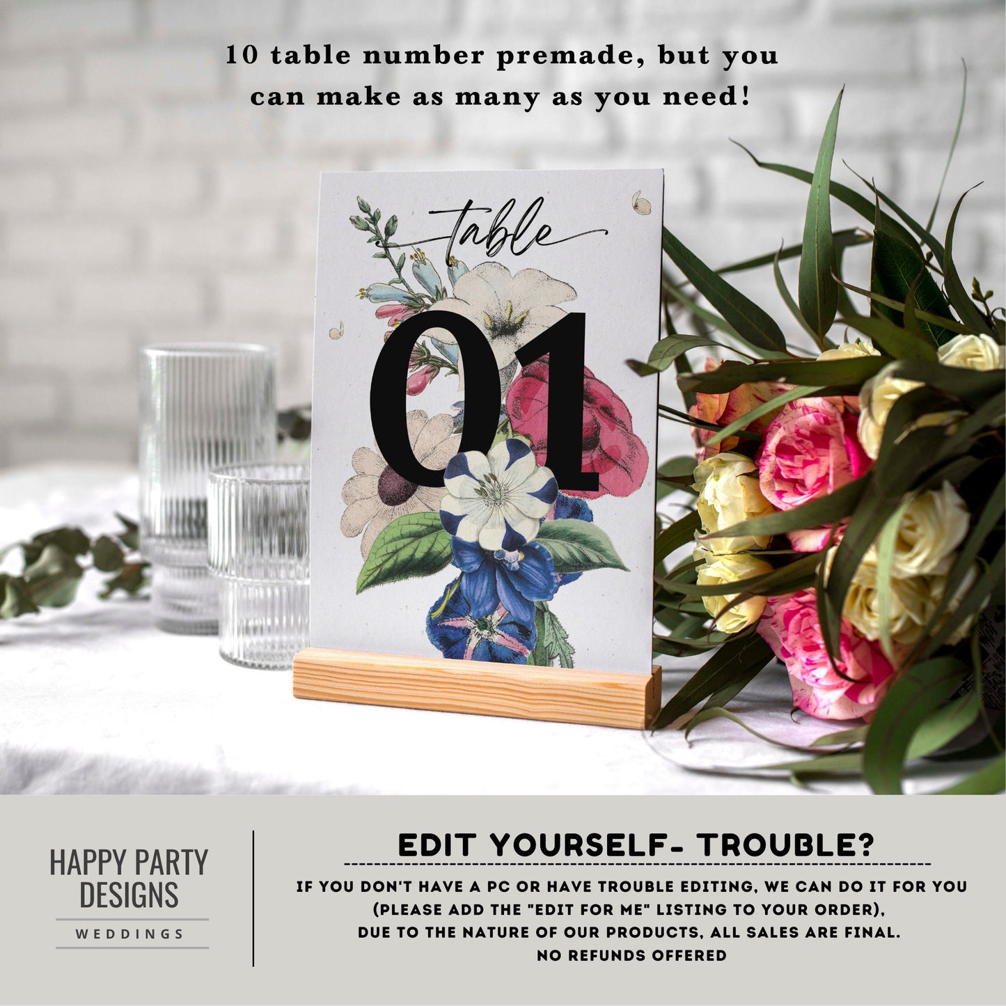 Editable Wedding Table Number Template | Royal blue, blush, green flowers | wedding Decorations | Table Number Sign Printable #W19