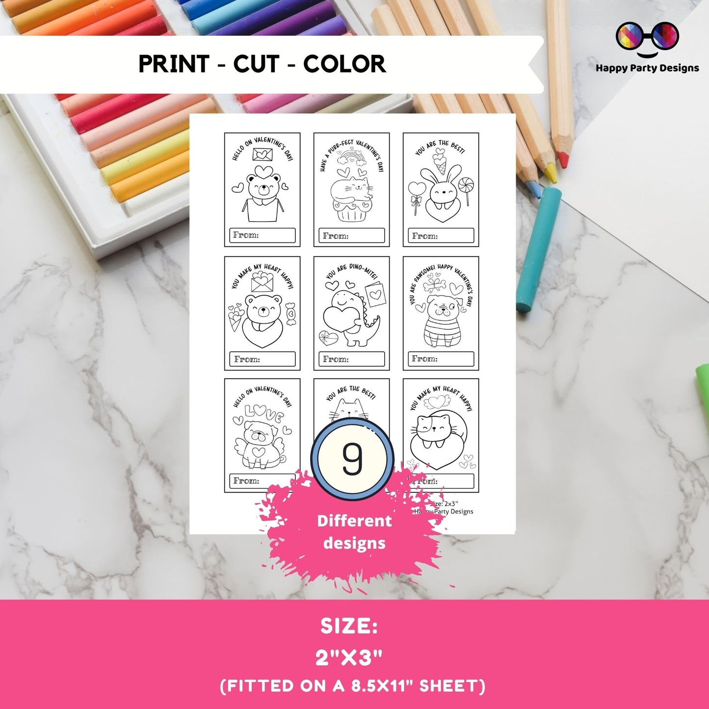 Valentines Printable Coloring Cards INSTANT DOWNLOAD Set of 9 | Valentines Coloring Activity | Valentines activity | Valentines for kids