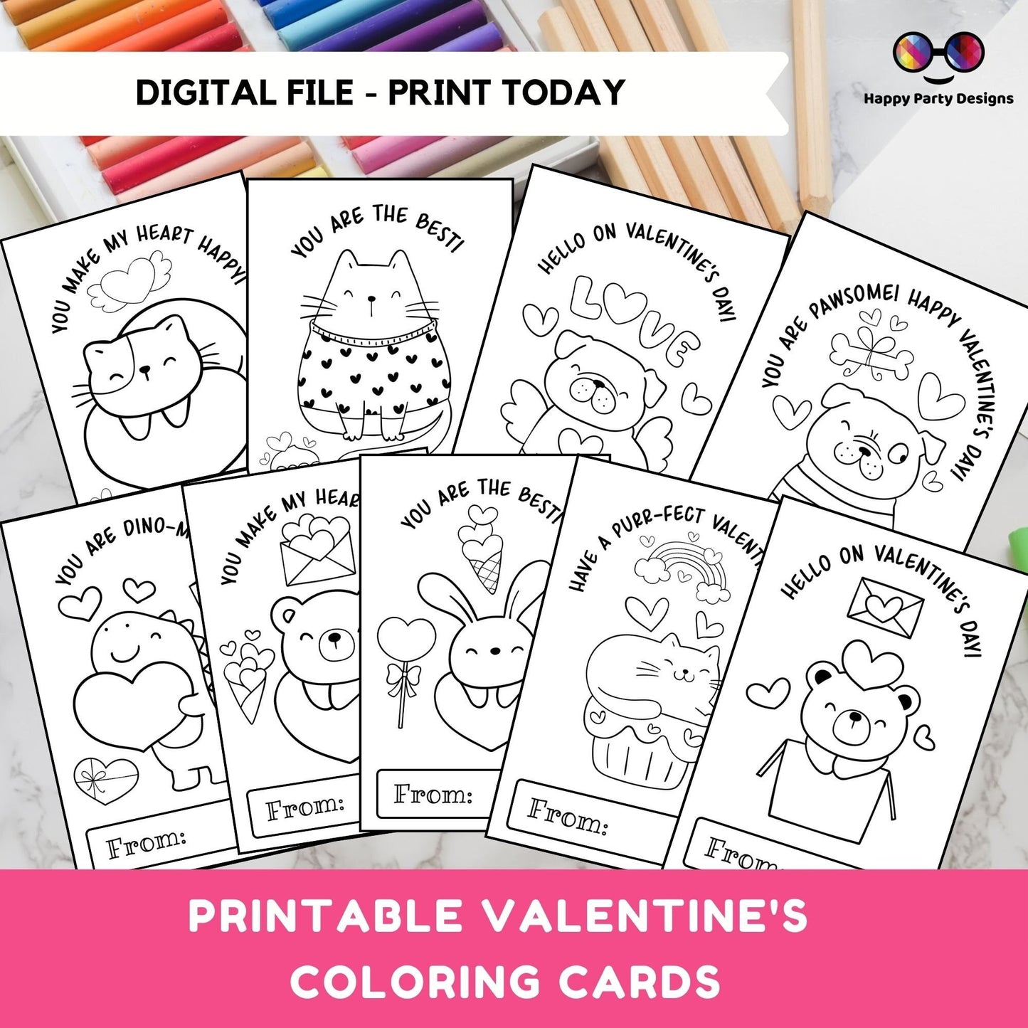 Valentines Printable Coloring Cards INSTANT DOWNLOAD Set of 9 | Valentines Coloring Activity | Valentines activity | Valentines for kids