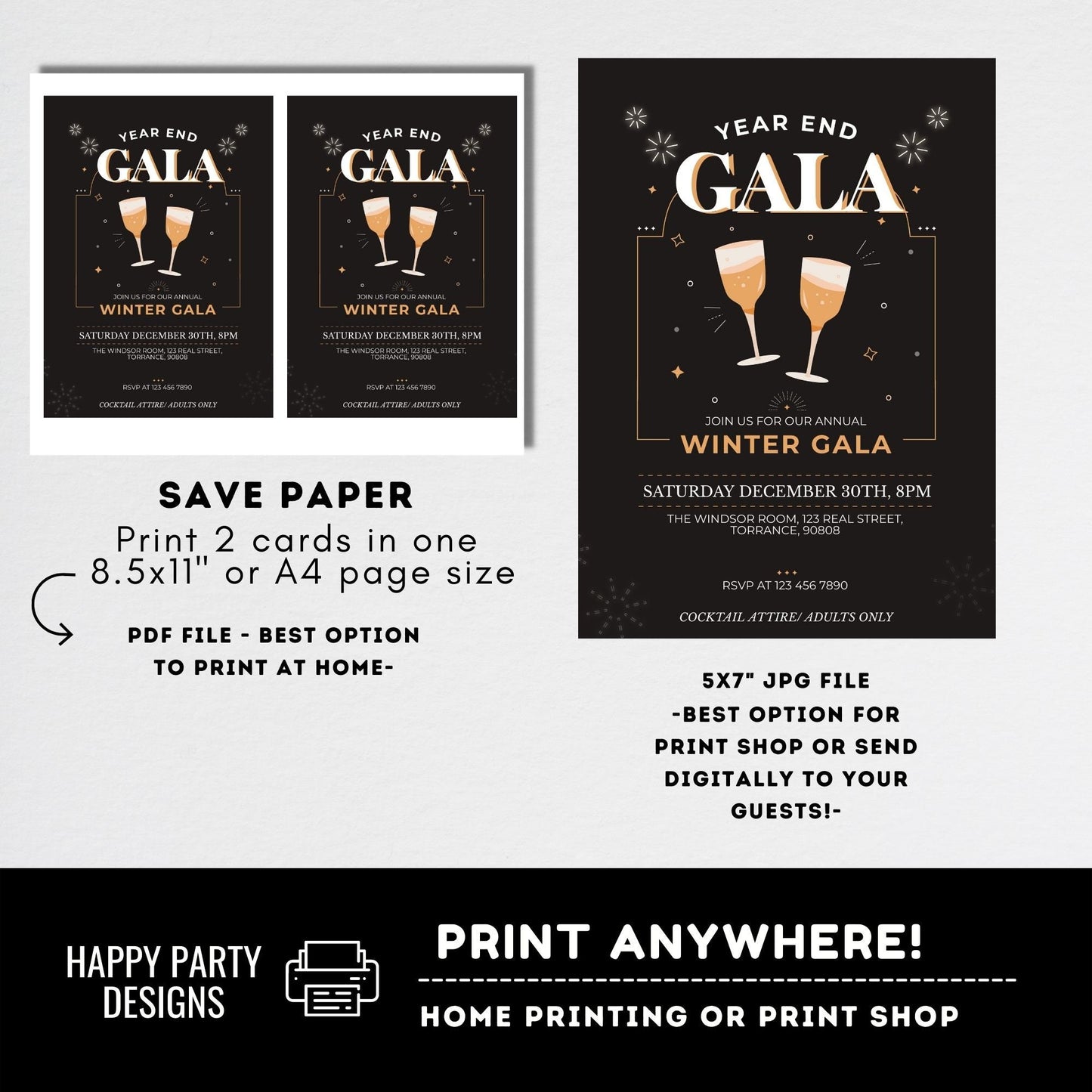 Editable Year end gala Party Invitation | New year Party printable invite | Art Deco New Years Eve Invitation | Classy and Retro #A40