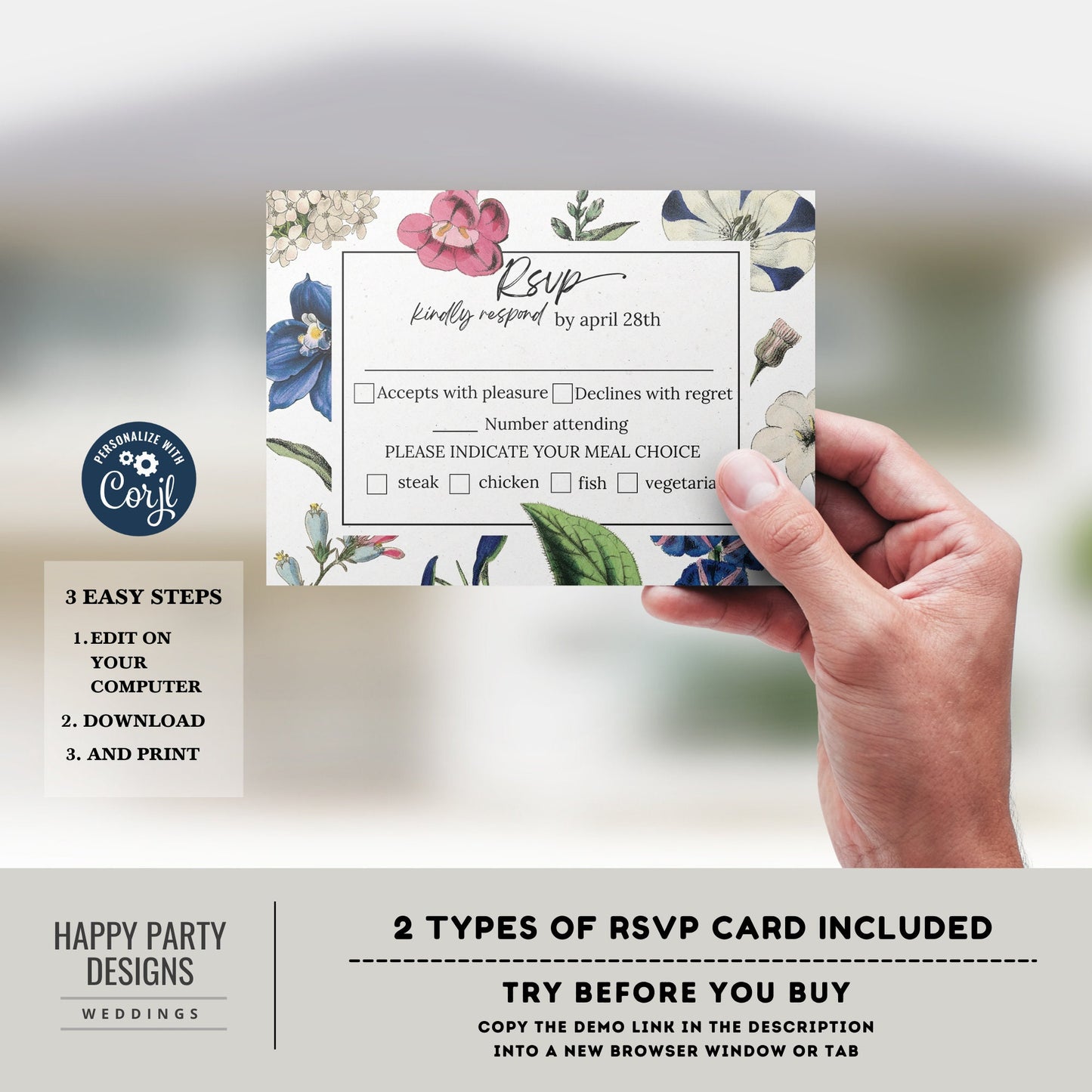 Editable Royal Blue Floral Invitation set | wedding invitation suite template | Burgundy floral Invitation bundle | details and RSVP #W19
