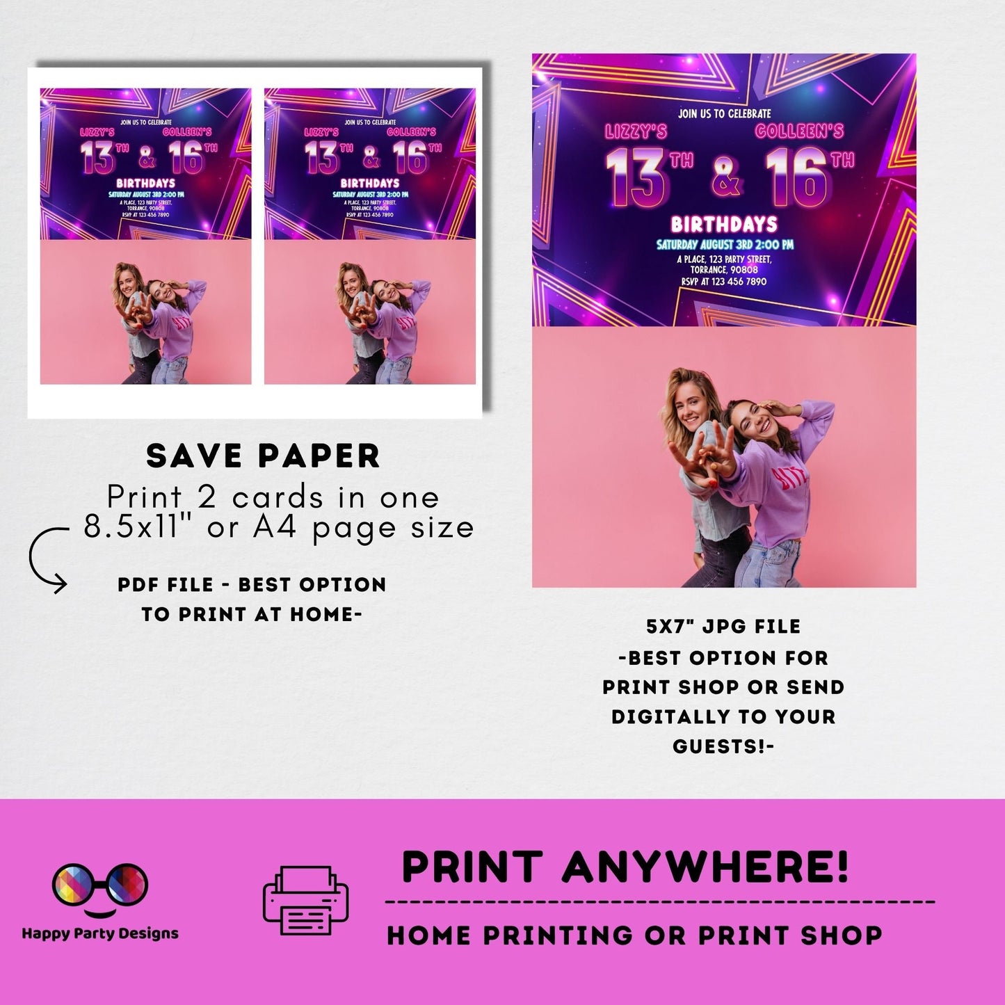 EDITABLE neon Sibling birthday invitations with photo | any age! double birthday | sibling party invitations | double party | girls #K186